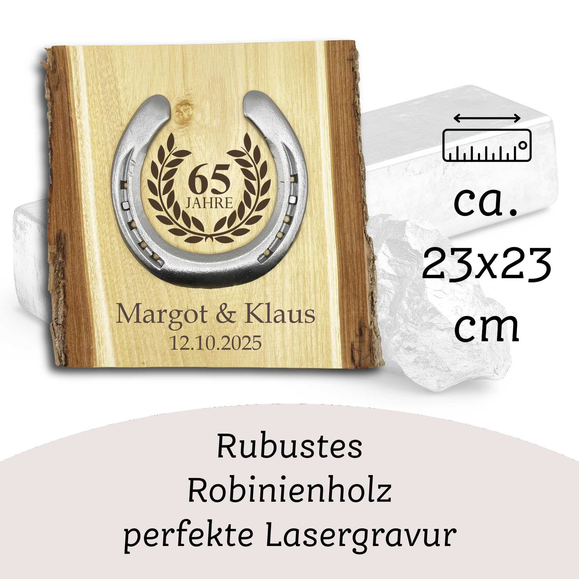 Glückshufeisen Holz, Eiserne Hochzeit 65 Jahre, personalisiert