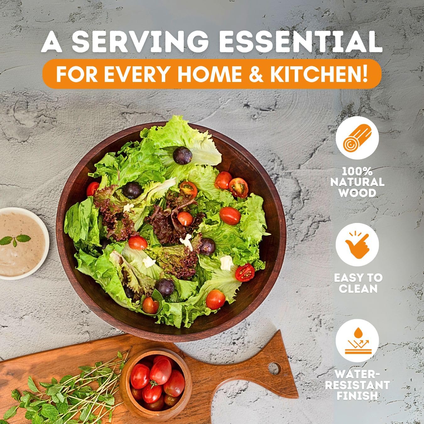 Luxe Designs Juego de ensaladeras de madera, cuenco decorativo seguro para alimentos y sostenible, cuenco de madera para frutas y ensaladas, juego de cuencos grandes fáciles de limpiar con cuchara,