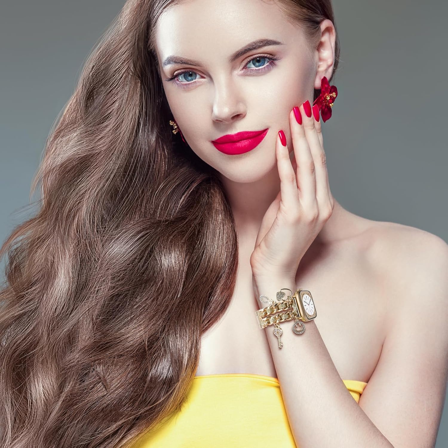 REALSIGN Stylish Metal Wristband Compatible with Apple Watch Band 42 44 45 46 49mm,Cuban Chain Bing Band Key Love Smile Pendants Cute Strap for iWatch Series 11 10 9 8 7 6 5 4 3 SE Charms Women(42/44/45MM,Key Glitter Gold) - Image 6