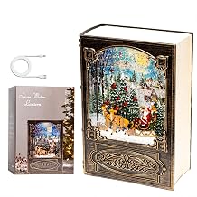Eightown Book Snow Globe Lantern - Lighted Water Lantern with Santa Claus Scene - Vintage Musical Box with Swirling Glitter - Christmas Decor with Gift Box Santa Christmas