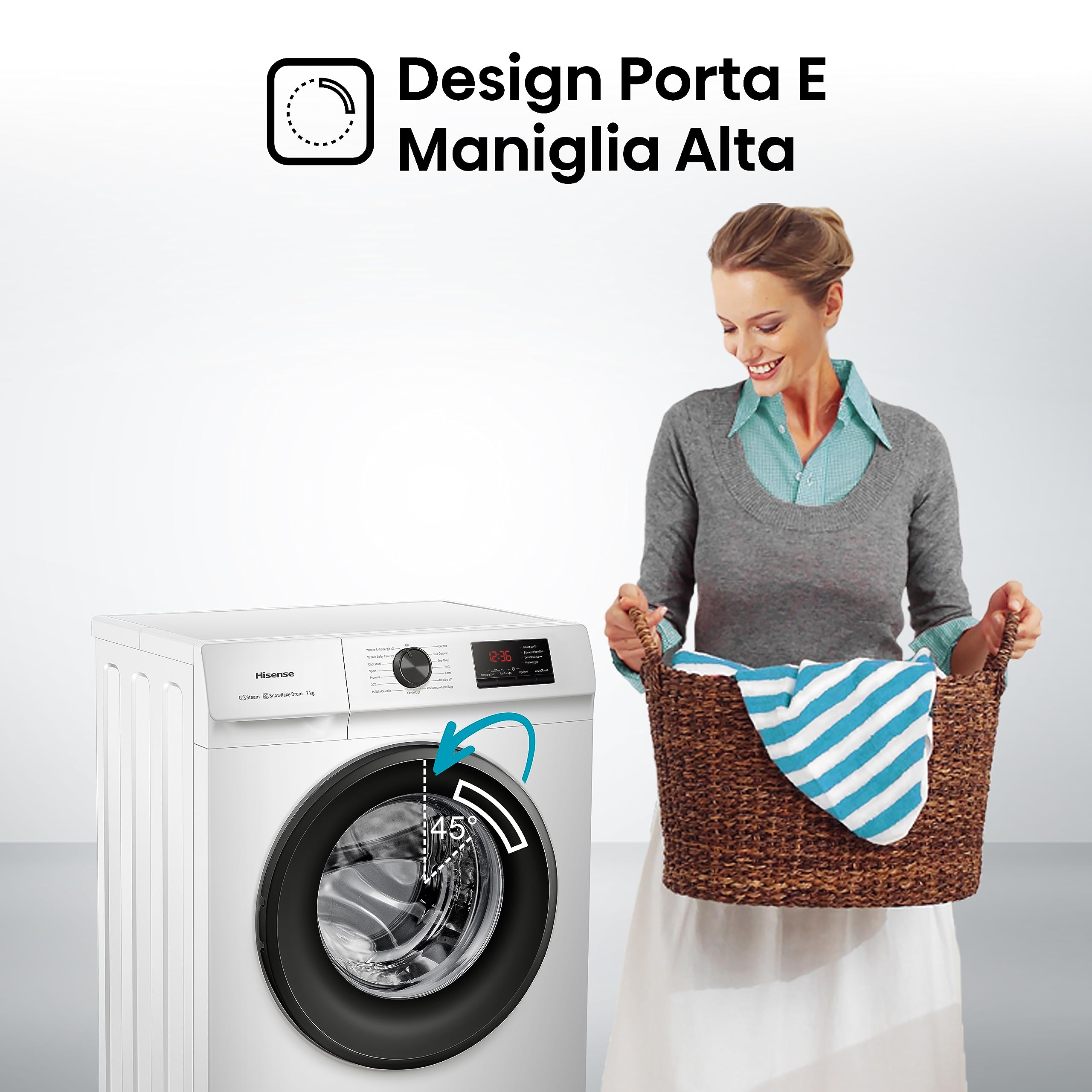 Hisense WFVB7012EM - Lavatrice a Carica Frontale 7 Kg, 1200 rpm, 15 Programmi, Vapore, Display LED, Programma Rrapido, Partenza Ritardata, Child Lock