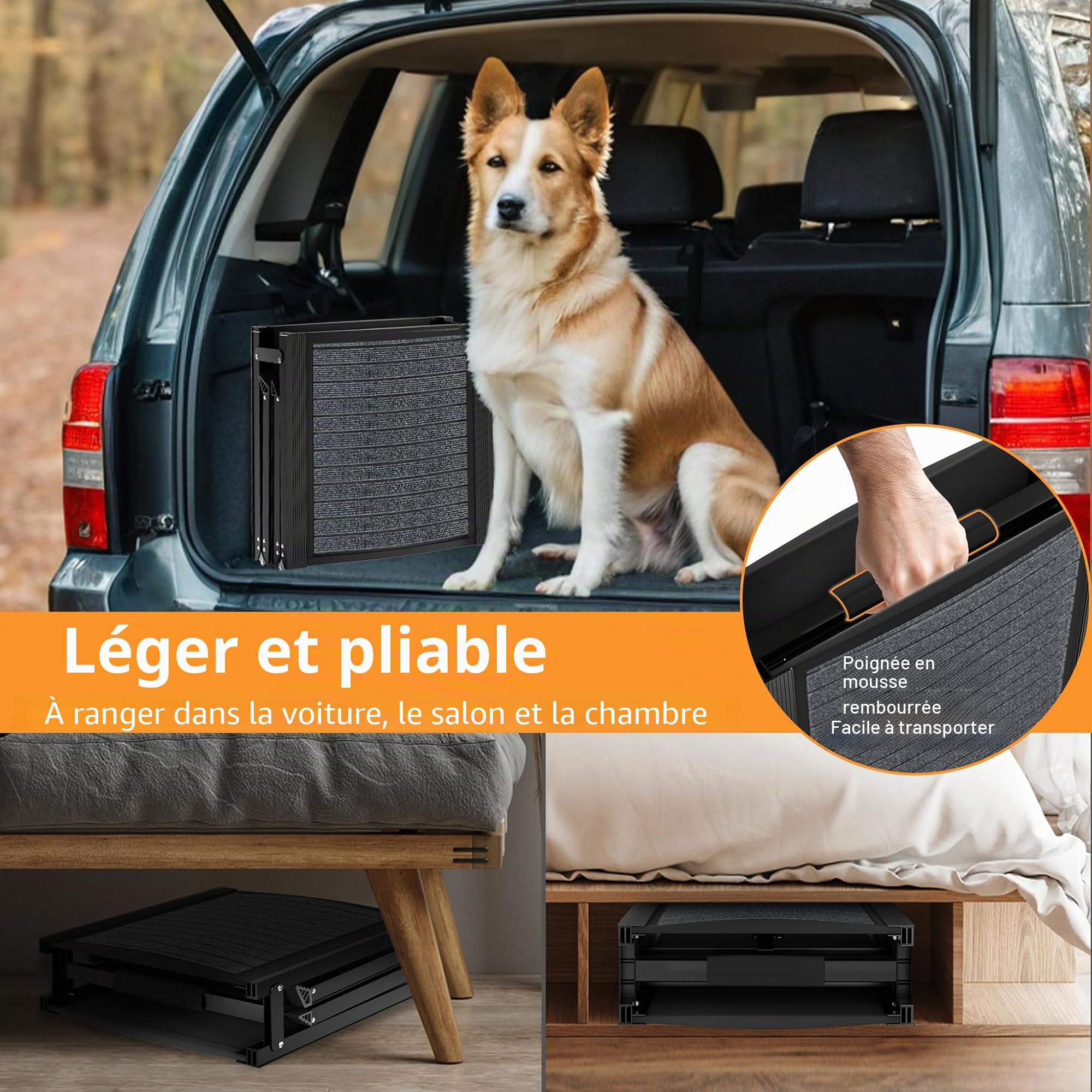 YRHome Rampe pliable pour chien - 157 cm - Avec surface antidérapante et poignée en mousse - Portable - Pour grands chiens jusqu'à 110 kg - Pour camion, SUV, lit mezzanine - Noir