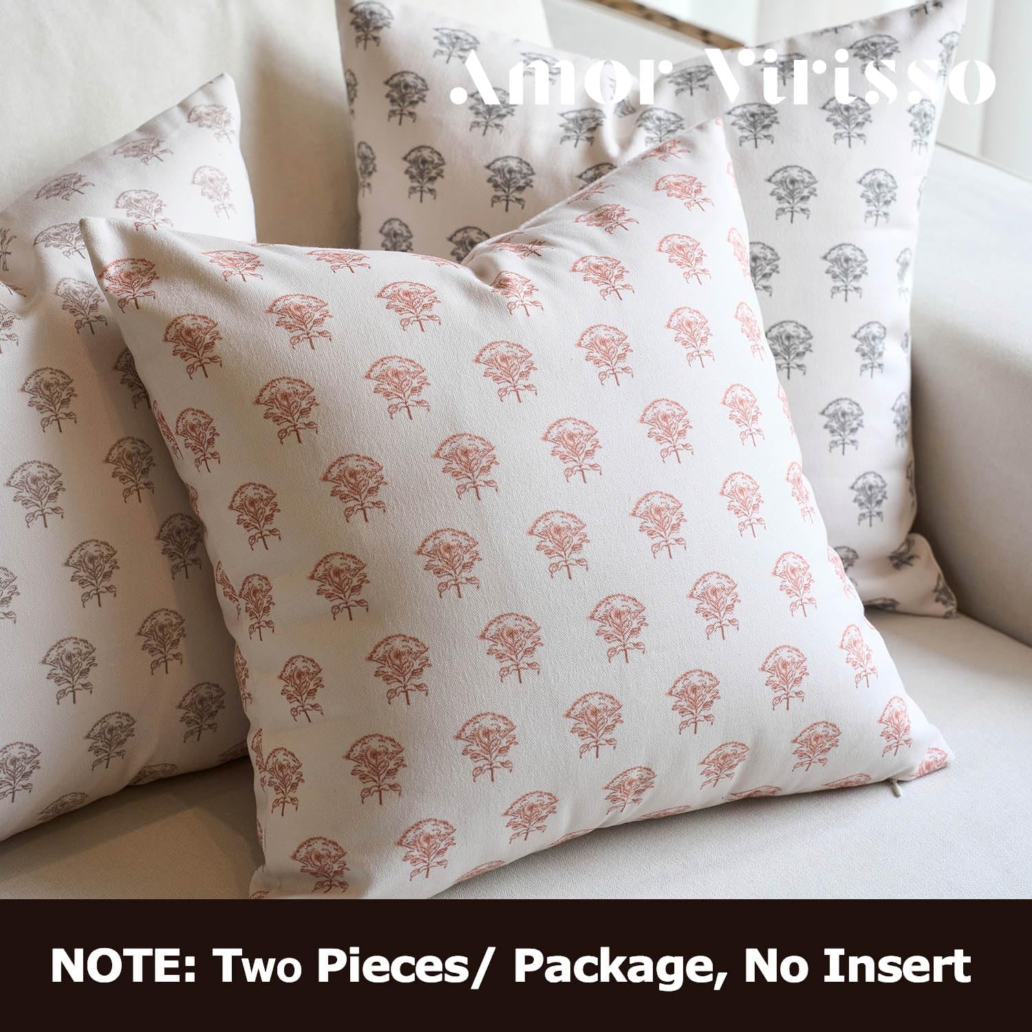 Amor Virisso Set of 2 Floral Throw Pillow Covers 18x18 Inch, Vintage Decorative Block Print Pillow Covers Neutral Accent Farmhouse Pillows Home Decor for Sofa Couch Bed, Orange - Image 4