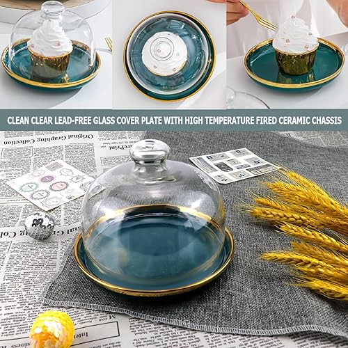 Miniatura 7 de DOERDO - Soporte para pasteles de 6 pulgadas con cúpula, plato de cerámica con cúpula de vidrio transparente, para macarrón, queso, postres, 6 x 4.7