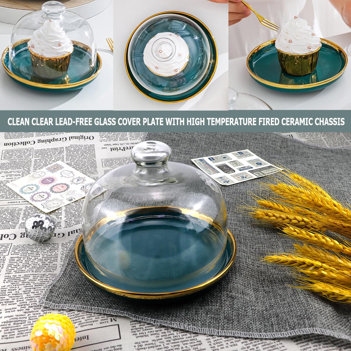 DOERDO Présentoir à gâteau avec dôme, plateau de service en céramique avec dôme en verre transparent, pour macaron, fromage, desserts, 15,2 x 12,9 cm, vert