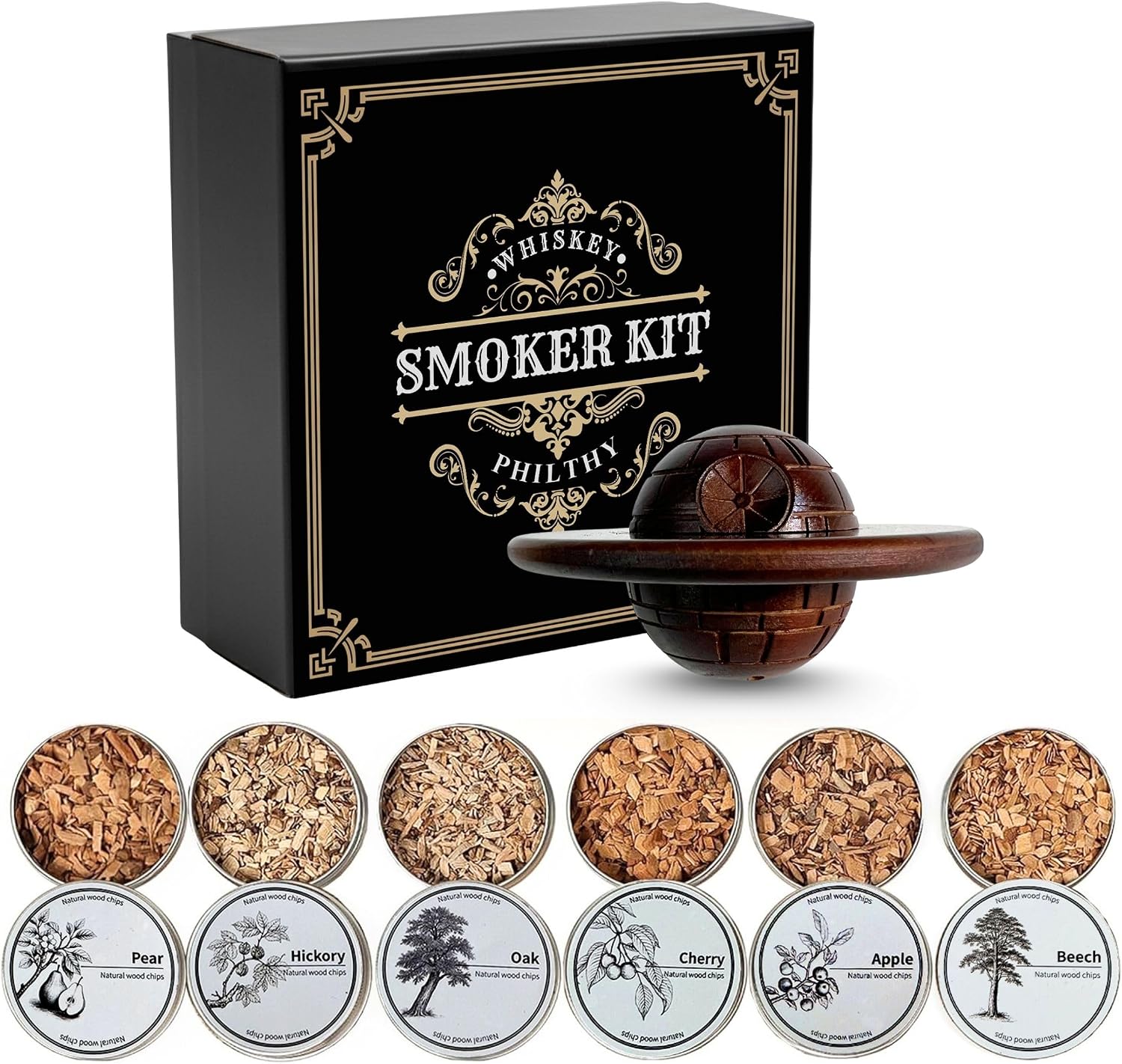 Death Bar Whiskey Smoker Kit - 6 Flavors Wood Chips, 1 Wood Smoker - Cocktail Smoker Infuser Kit, Old Fashioned Drink Smoker Kit Birthday Bourbon Whiskey Gifts for Men,Dad(NO Butane) (with Lighter)