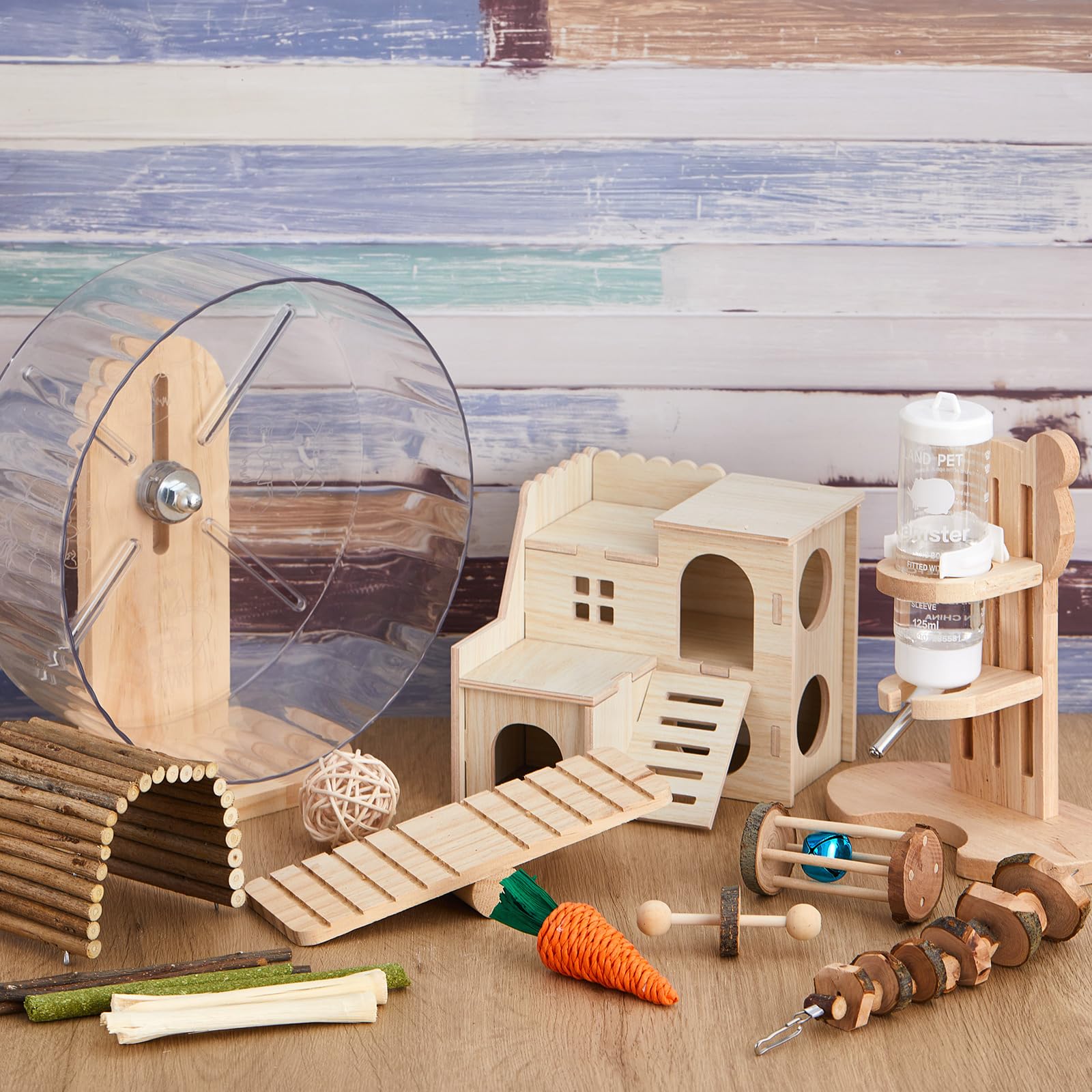 Sonwyoung 18 Pcs Hamster Cage Accessories, Silent Hamster Wheel, 15 Chew Toys Set, Maze Wood House and Water Bottle Set for Rat Mice Small Animals Habitat (Fun Interactive Style) - image 4