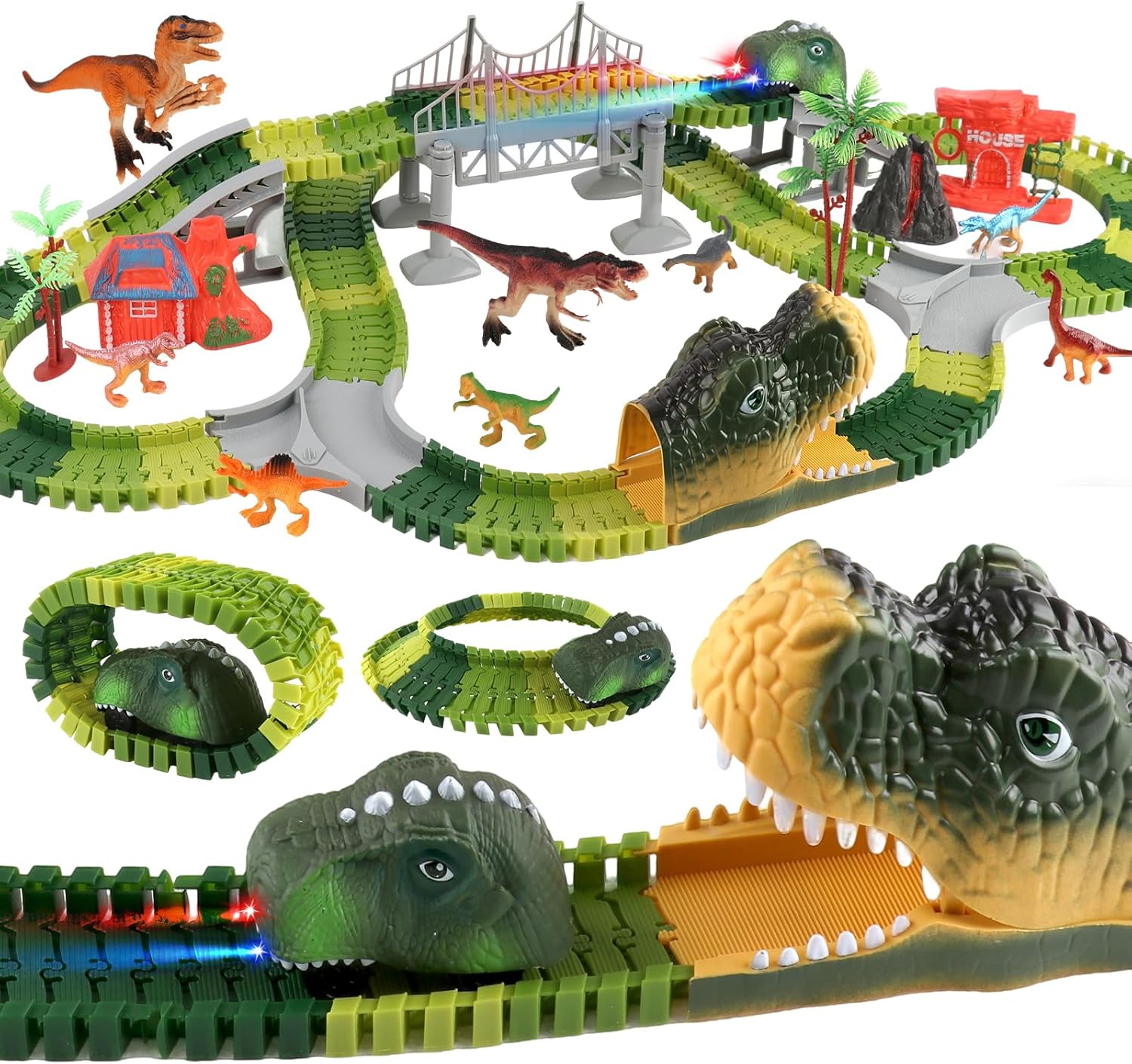 Dinosaur Toys Race Track for Boys 3-5 5-8 Year Old, Flexible Train Tracks Set with LED Light Up Dino Car, Dinosaur World Adventure Toys, STEM Birthday Gifts for Toddlers Kids Age 3 4 5 6 7