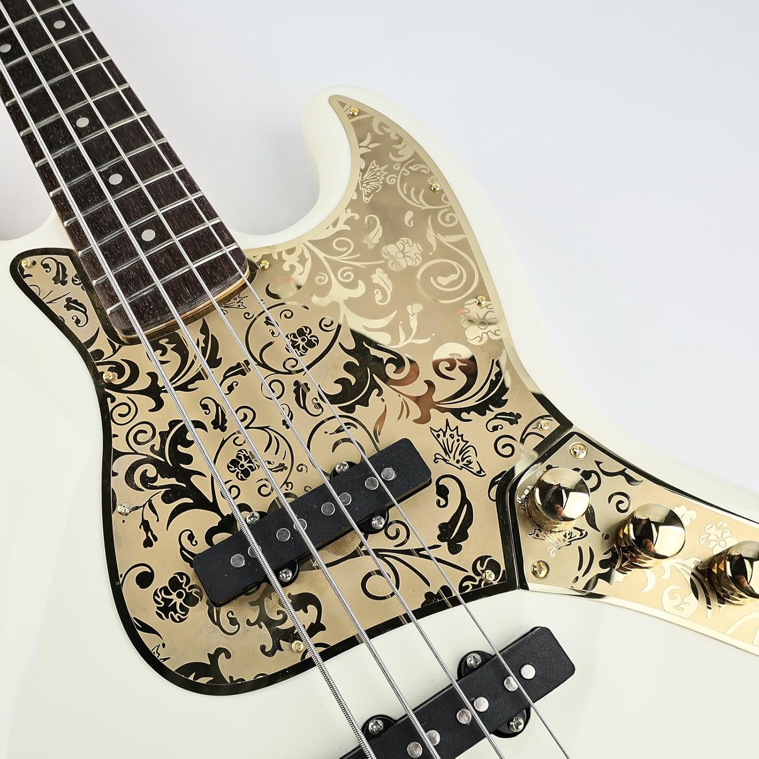 Stainless Steel J Bass Pick Guard Scratch Plate 10 Hole Engraved Metal Bass Pickguard with Mounting Screws Compatible with USA/Mexican Standard FD Jazz 4-String Bass Parts(Gold)