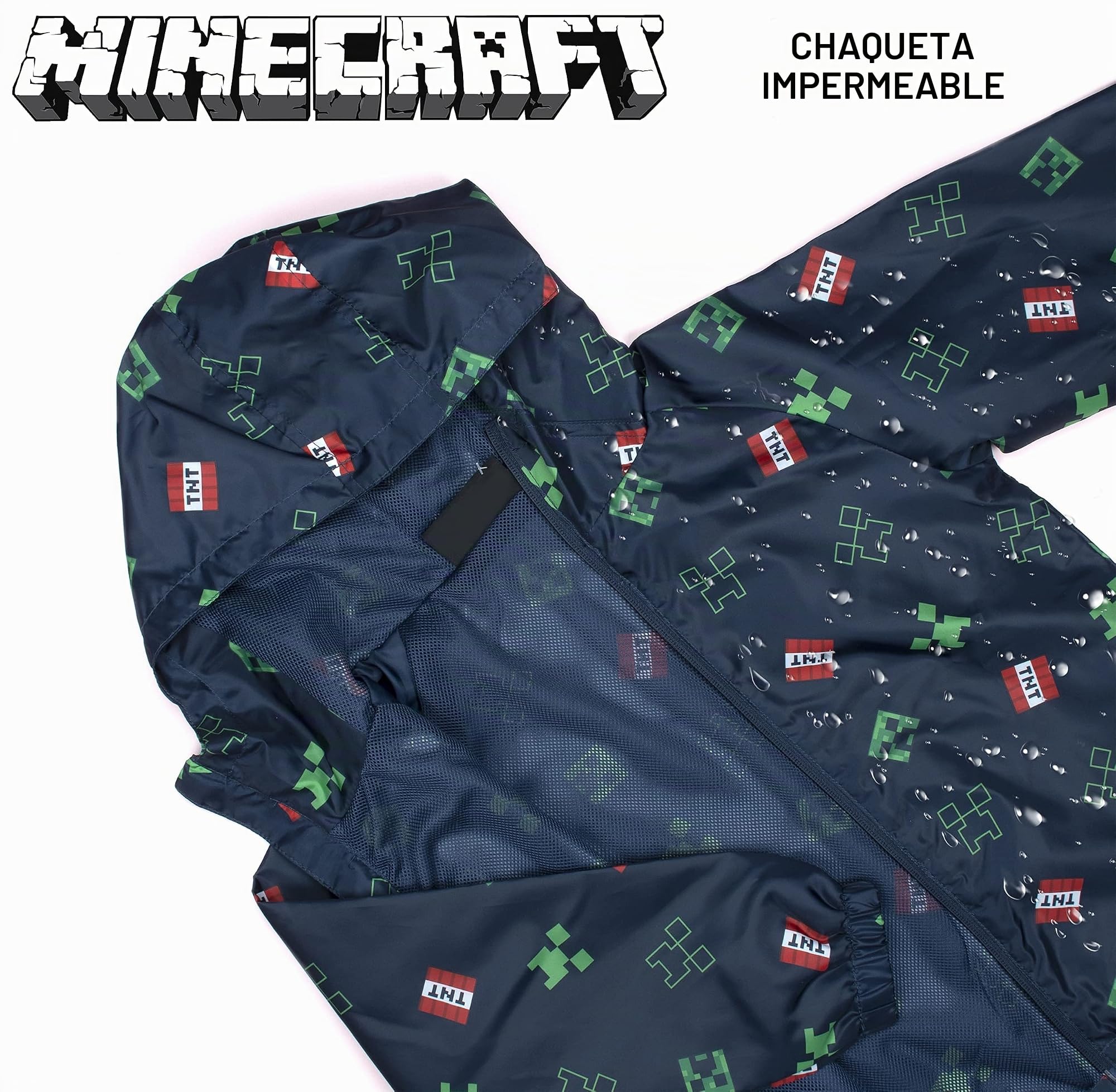 Minecraft Chubasquero para niños de 5 a 12 años, chaqueta impermeable con forro y capucha, ligera y lavable a máquina