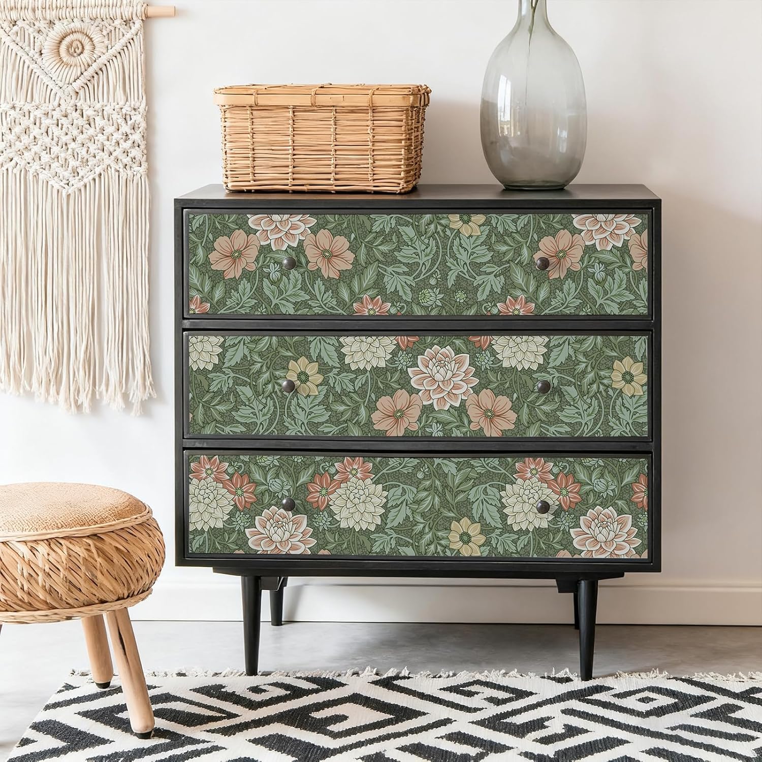 VEELIKE Retro Dahlia Flower Wallpaper Peel and Stick Vintage Green Floral Wallpaper for Bedroom Bathroom Accent Wall 17.7''x118'' Renter Friendly Self Adhesive Floral Contact Paper for Cabinets Drawer