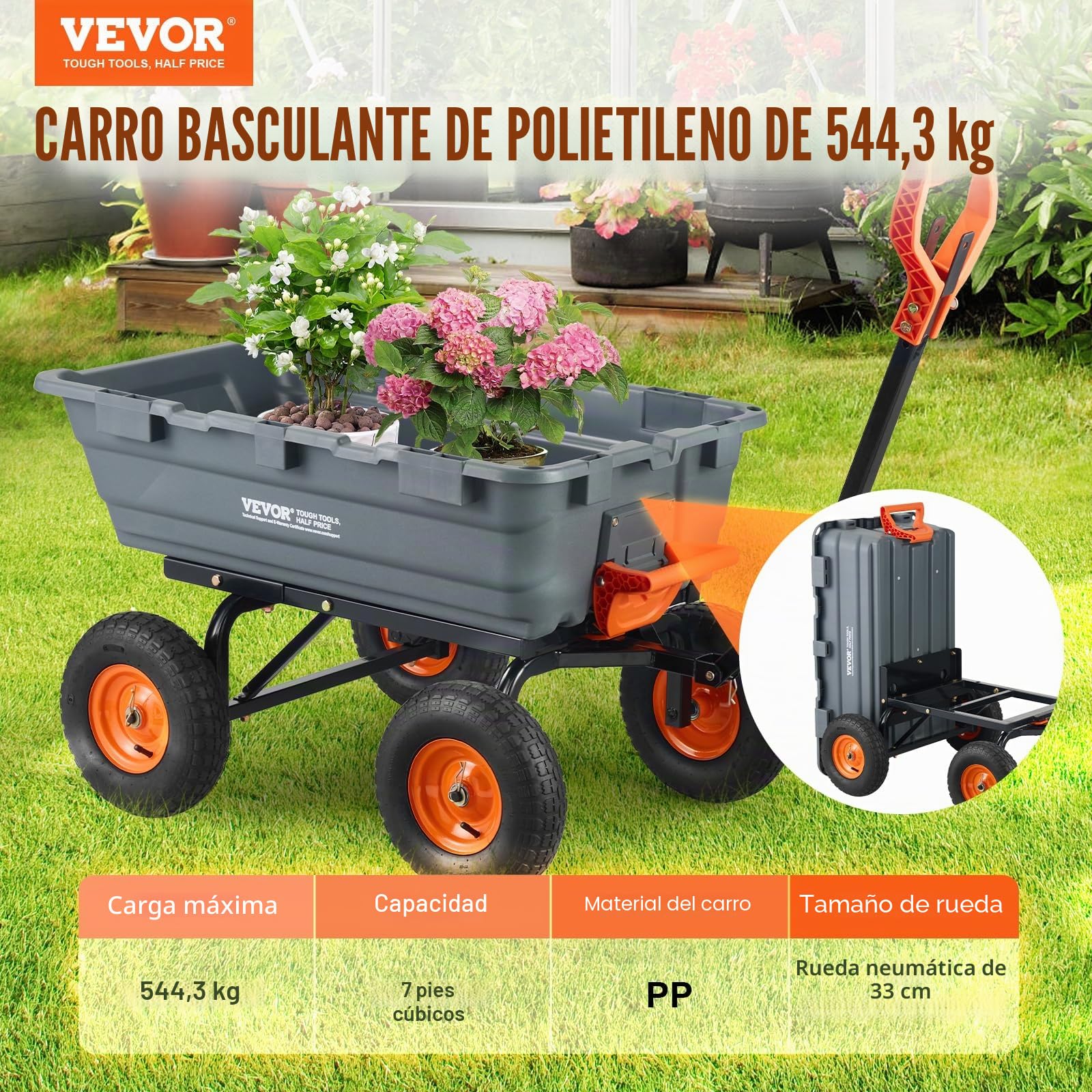 VEVOR Carro Volcador de Polietileno para Jardín con Marco de Acero Fácil de Montar, 2 en 1 Carro Volquete con Mango Convertible con Neumáticos Grandes, 544 kg de Capacidad para Jardín, Patio