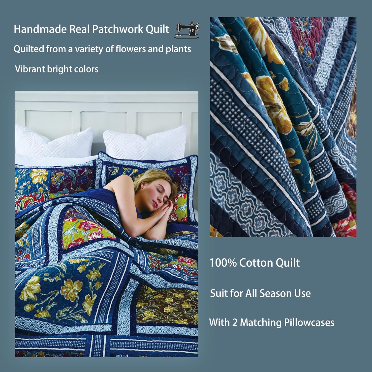 100% Cotton Navy Blue Patchwork Quilt Queen Size, 3-Piece Quilt Set with Multicolor Paisley and Floral Pattern, Vintage Old School Style, Ultra-Soft Breathable Lightweight Bedspread Coverlet