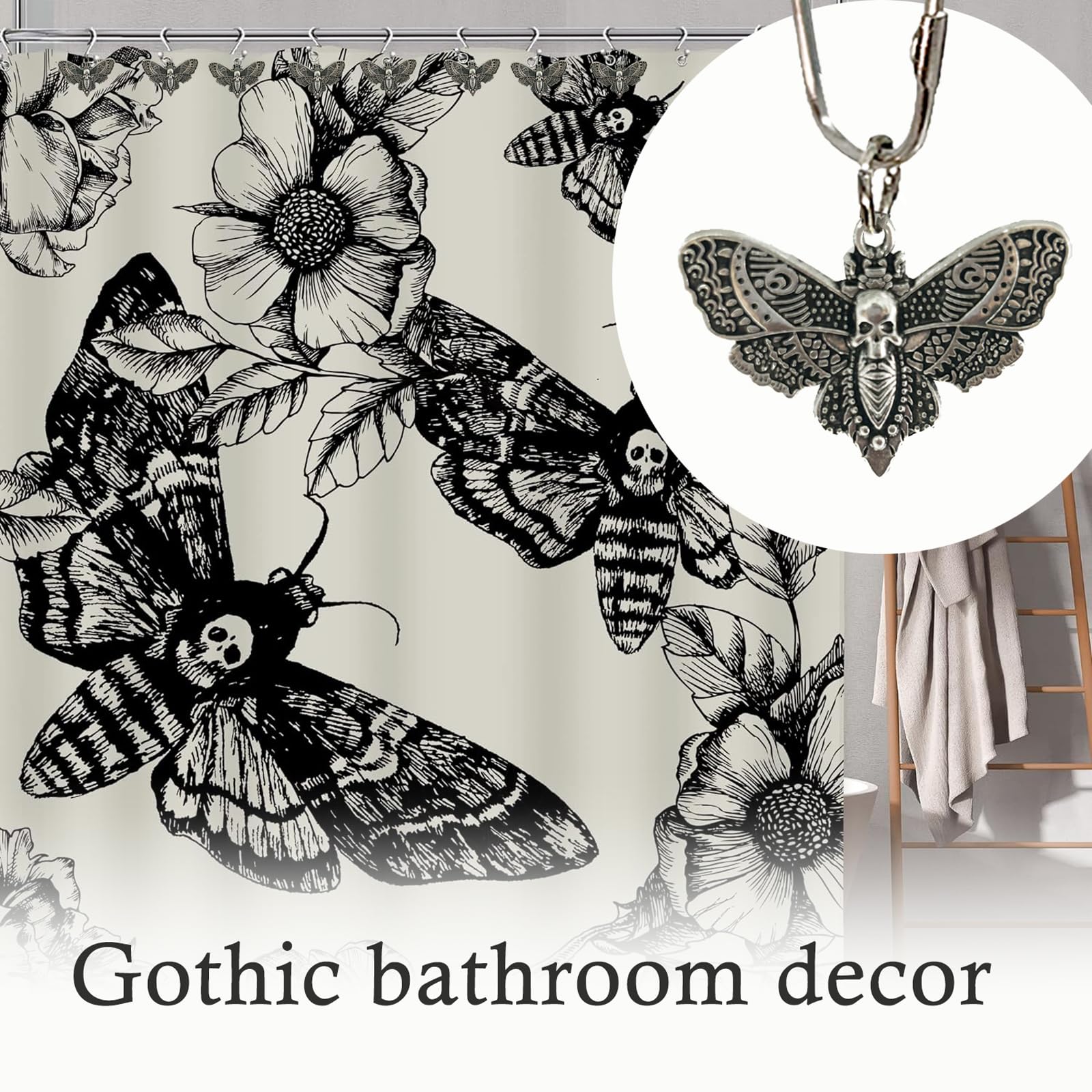 Palettease Gothic Shower Curtain Hooks, Set Of 12 | Silver Spider & Death Moth Designs, Metal Alloy - View #7