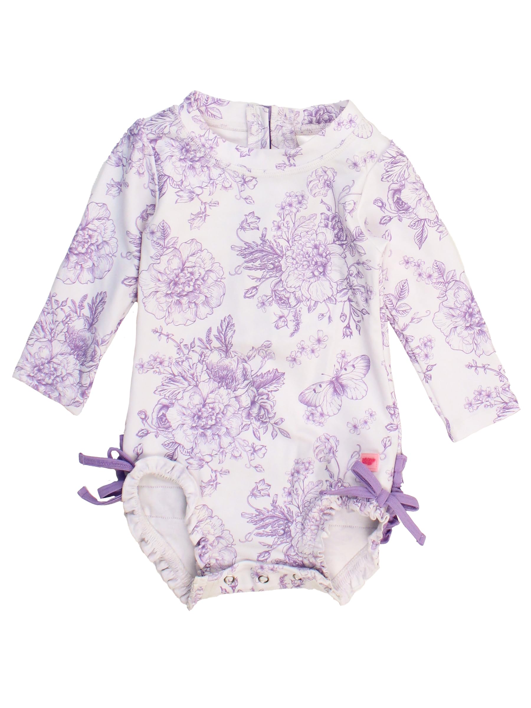 RuffleButts Baby Girls Novelty Baby One Piece - Rash Guard Swimsuit | 80% Nylon 20% Spandex, UPF 50+, Lightweight, Medium Stretch, Full Seat Coverage, Bottom Snaps, Unlined, Infant Beach Swim