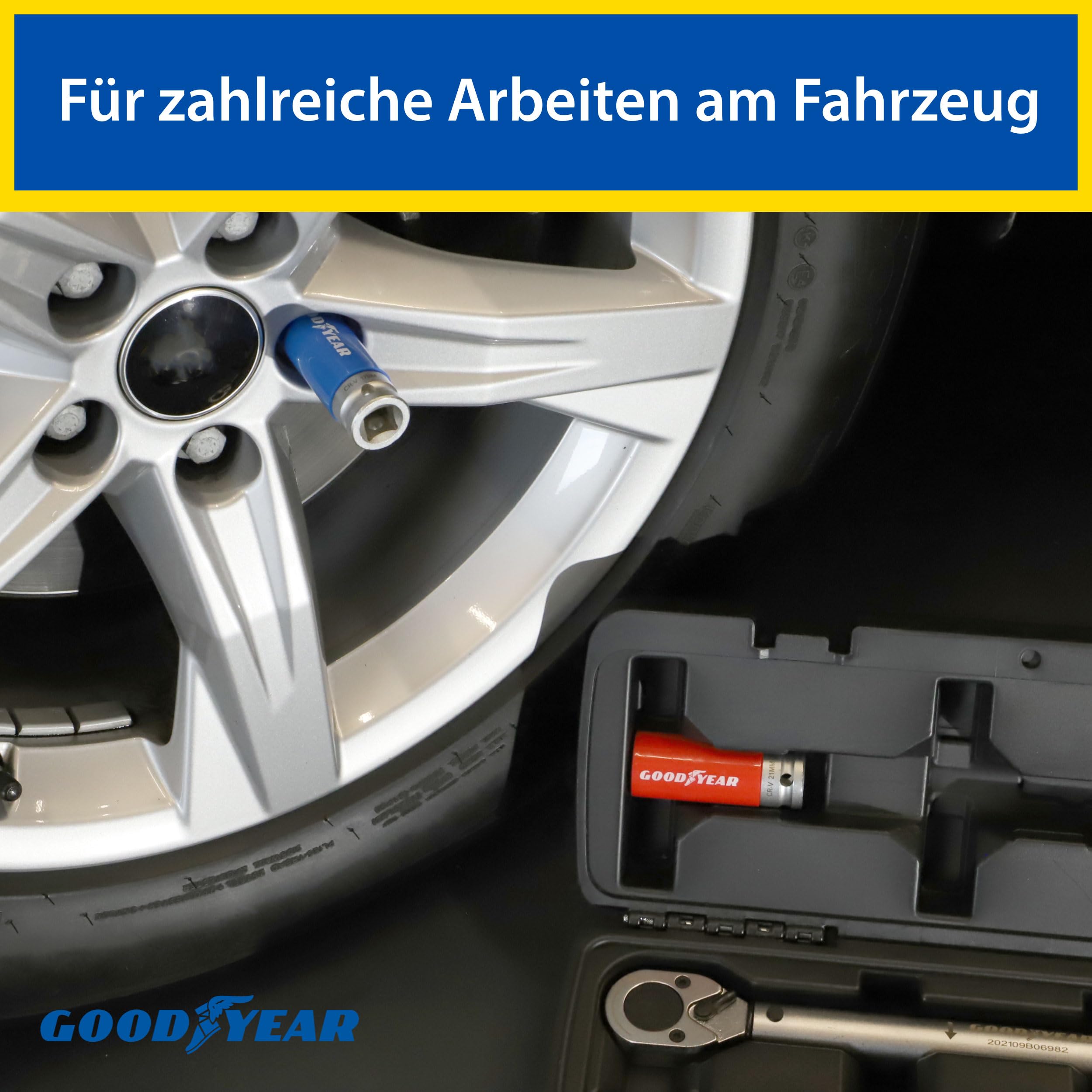 Goodyear Juego de cambio de ruedas, 11 piezas, llave dinamométrica + juego de 3 llaves de vaso + extensión + varios accesorios, caja negra
