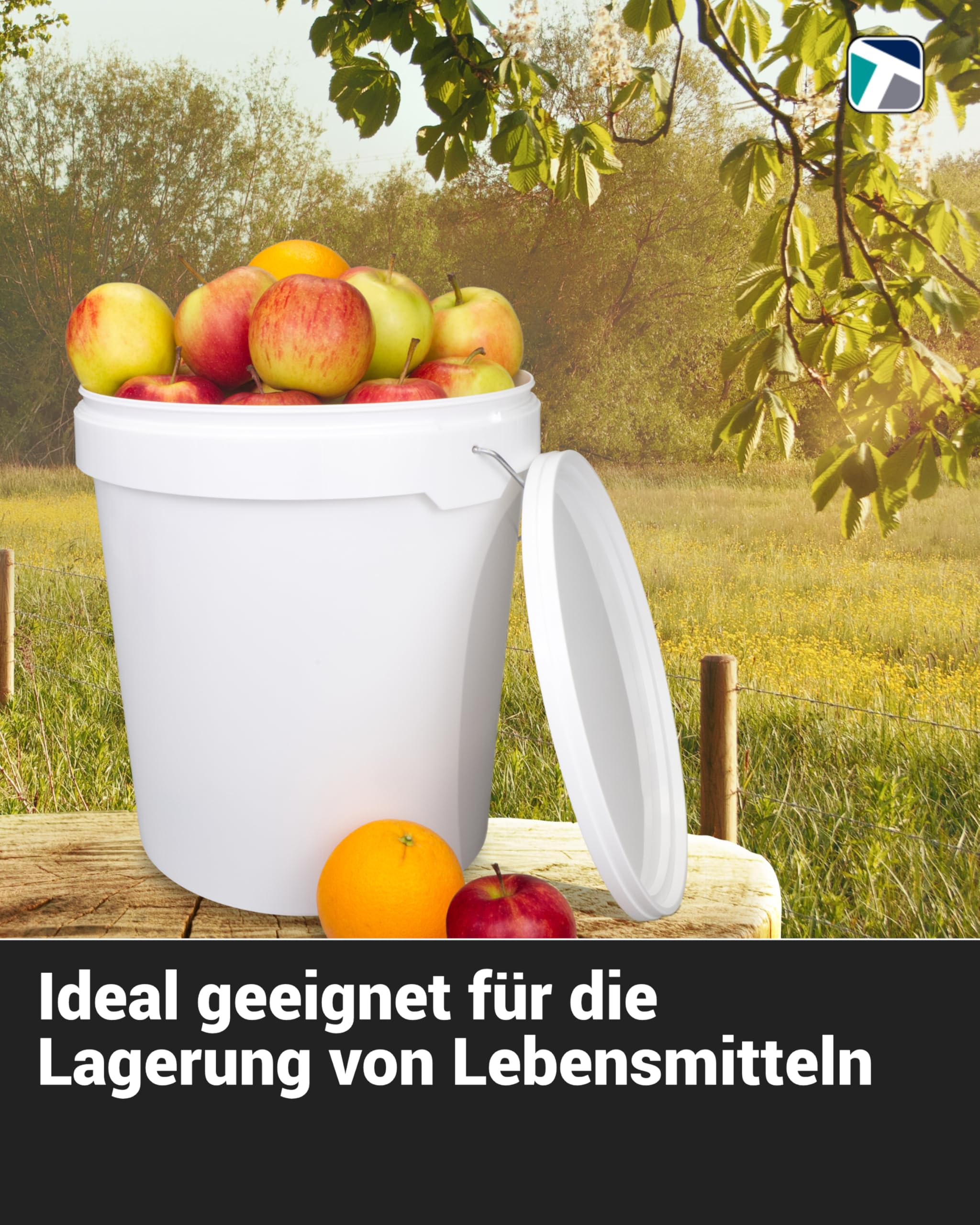 Trevendo 33 Liter Hobbock mit Deckel und Griffmulde, lebensmittelecht - luftdicht - stabil - stapelbar - Leereimer zur sicheren Lagerung inkl. Trevendo Beschriftungsetikett