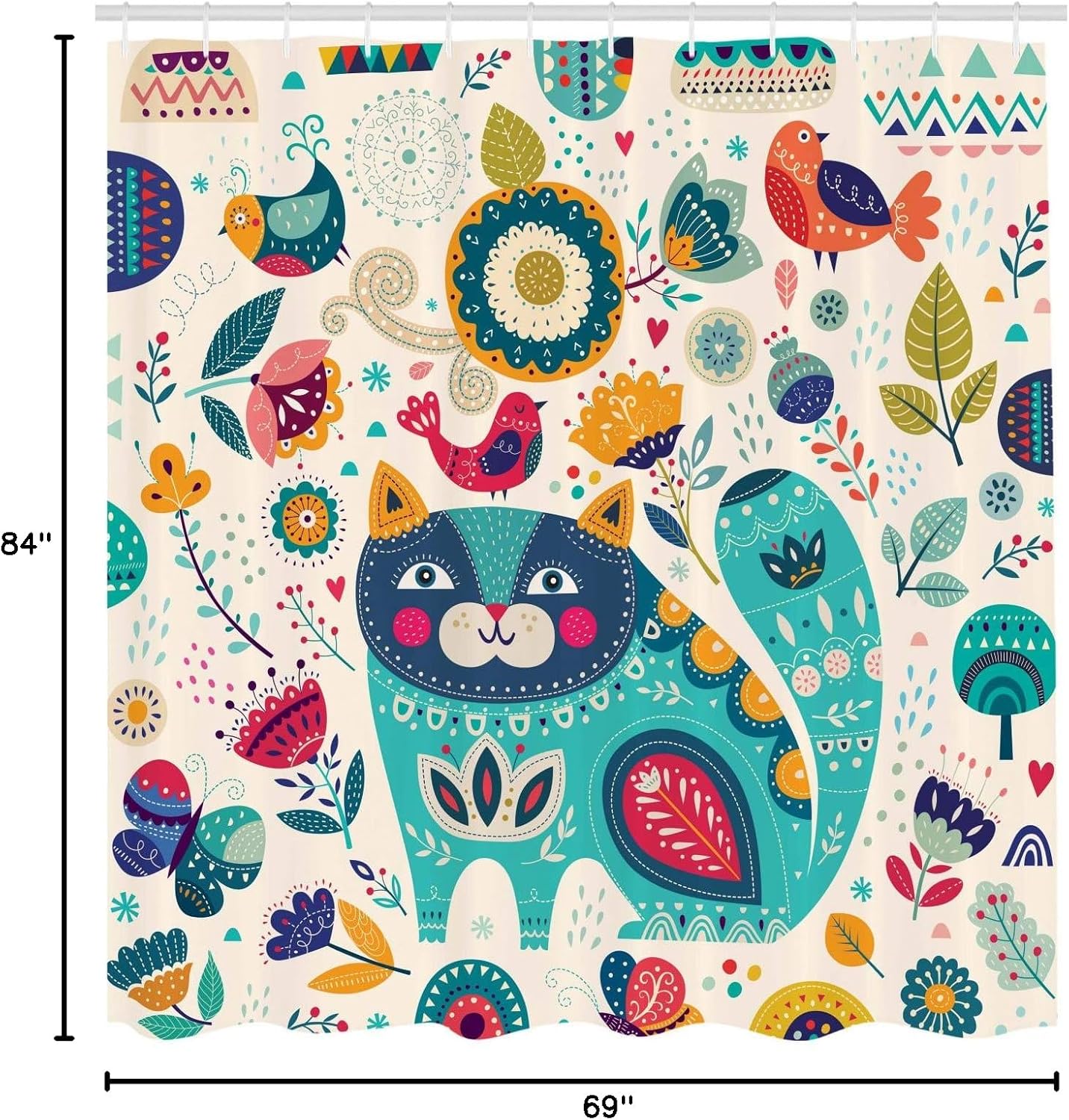 Ambesonne Cat Shower Curtain, Pet Birds Flower Leaf Trees Butterflies Spring Ornate Illustration, Cloth Fabric Bathroom Decor Set with Hooks, 69" W x 84" L, Multicolor