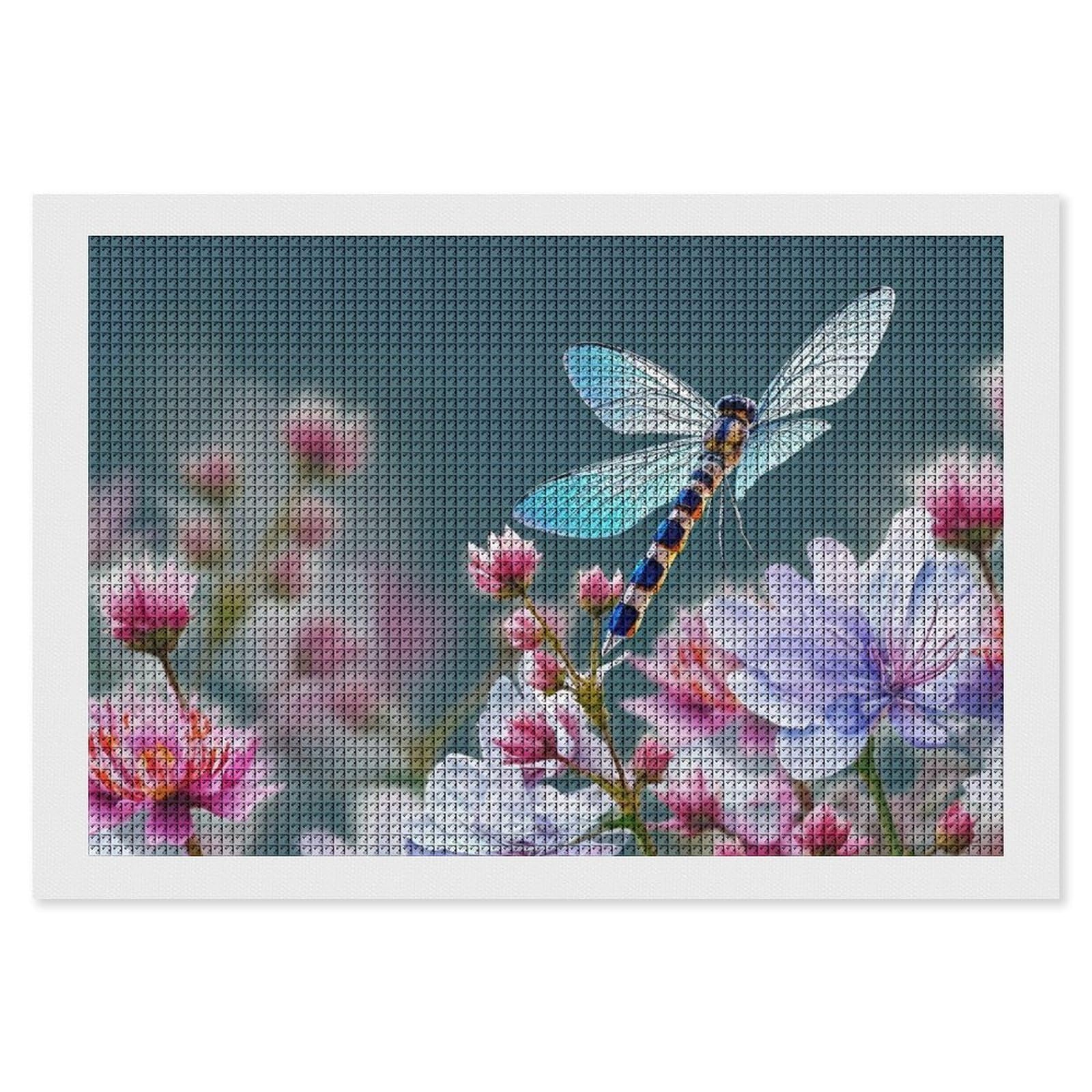 Dragonfly and Flowers Diamond Art Kits for Adults, DIY 5D Diamonds Painting Kits for Beginner, Round Full Drill Diamond Dots Painting, 8"x12" Diamonds Pictures Gem Art and Crafts Wall Decor
