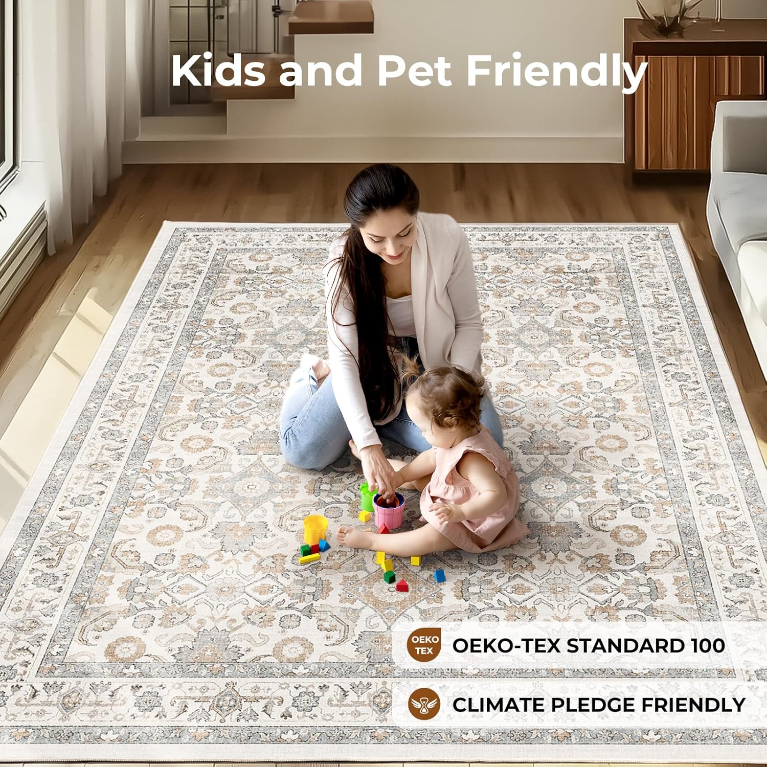 WITSHOCK 8x10 Area Rugs for Living Room:Floral Washable Rug Vintage Large Soft Boho Non-Slip Carpet Indoor Floor for Bedroom Dining Room Farmhouse Nursery Home Office,Camel 8' x 10' (Rectangular) Camel
