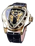 Winner Fashion Mechanical Wrist Watch Triangle Racing Dial&comma; Waterproof Golden Skeleton Dial Automatic Movement Leather Design Mechanical Watch for Men