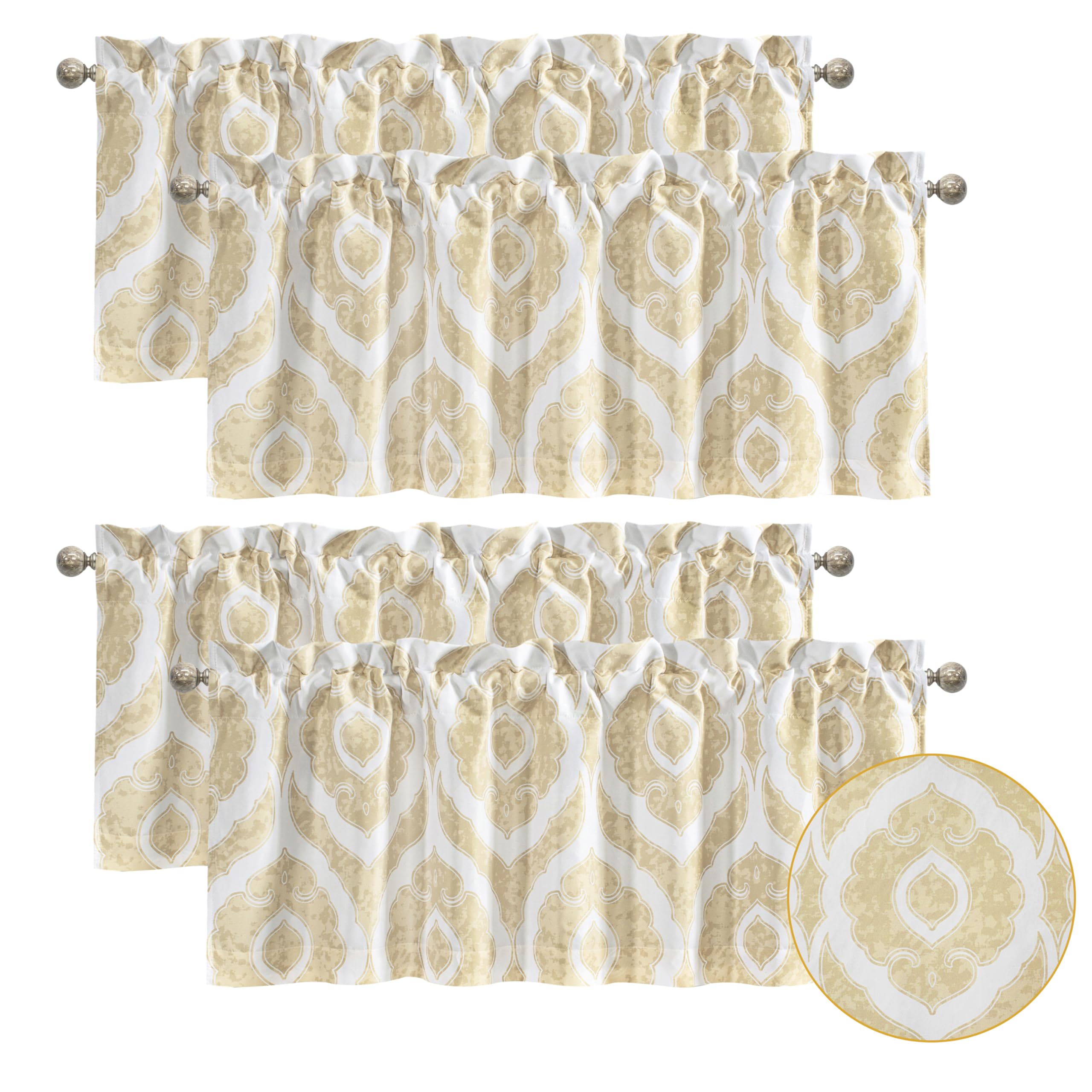 DriftAwayLined Valance Curtains for Kitchen Window Curtains Over Sink Valances for Windows Rory Damask Medallion Window Valances for Living Room 52 by 18 Inch Beige Natural Valances 4 Pack