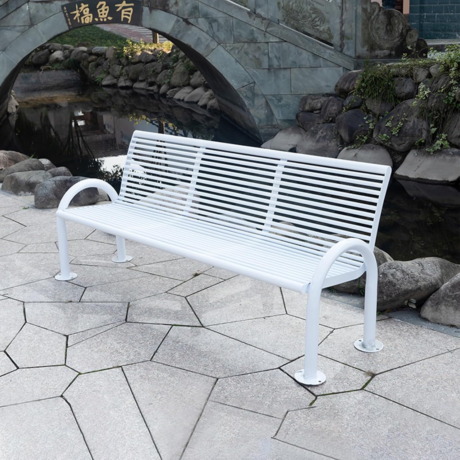 Outdoor Bench Metal, Garden Bench with Back and Armrest, All Weather Front Porch Bench for Yard Patio Entryway Park Lawn(180cm)