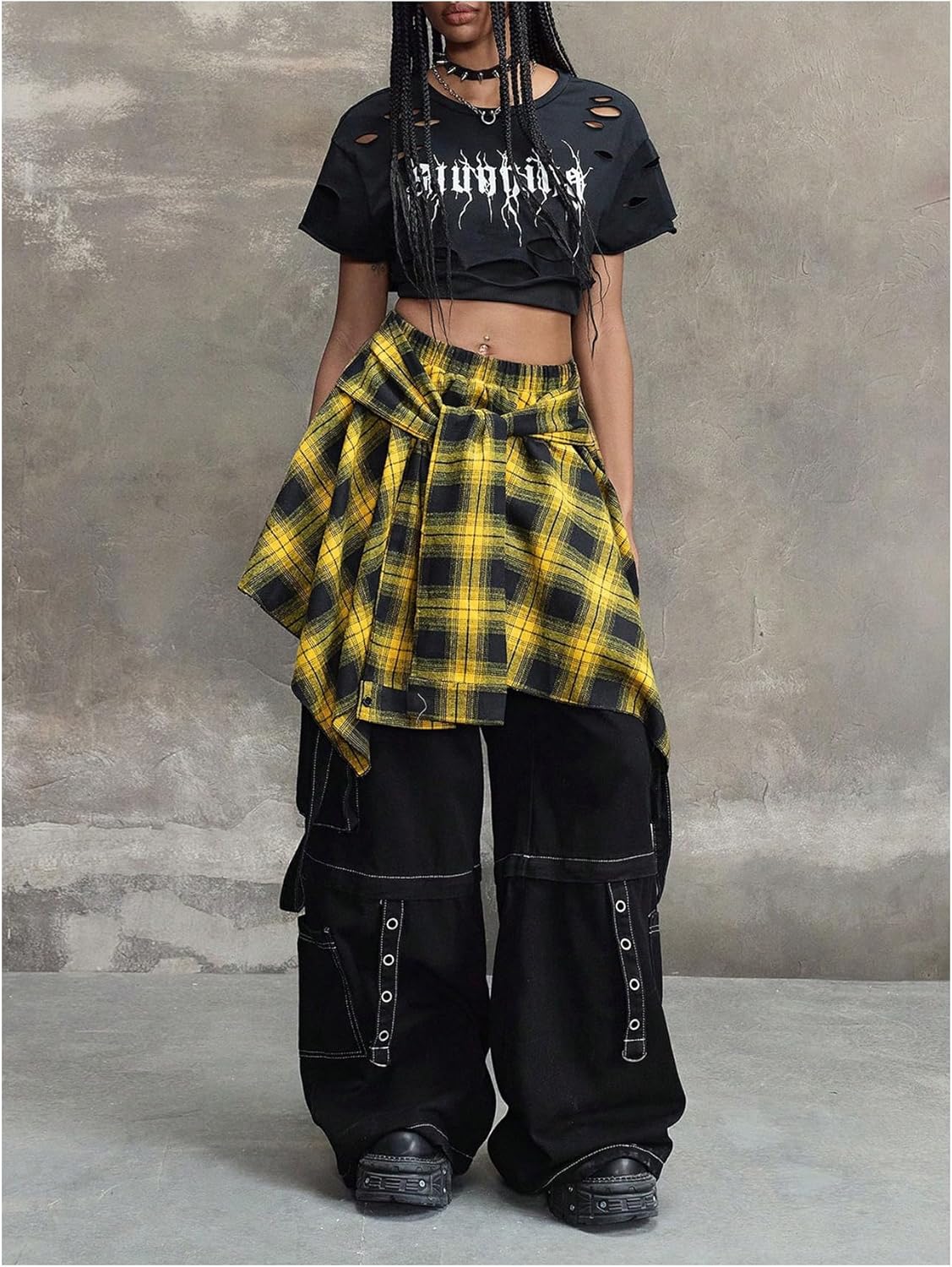 Verdusa Women's Y2k Goth Grunge Plaid Skirts Tie Vintage Asymmetrical Flowy Pleated Mini Skater Skirt