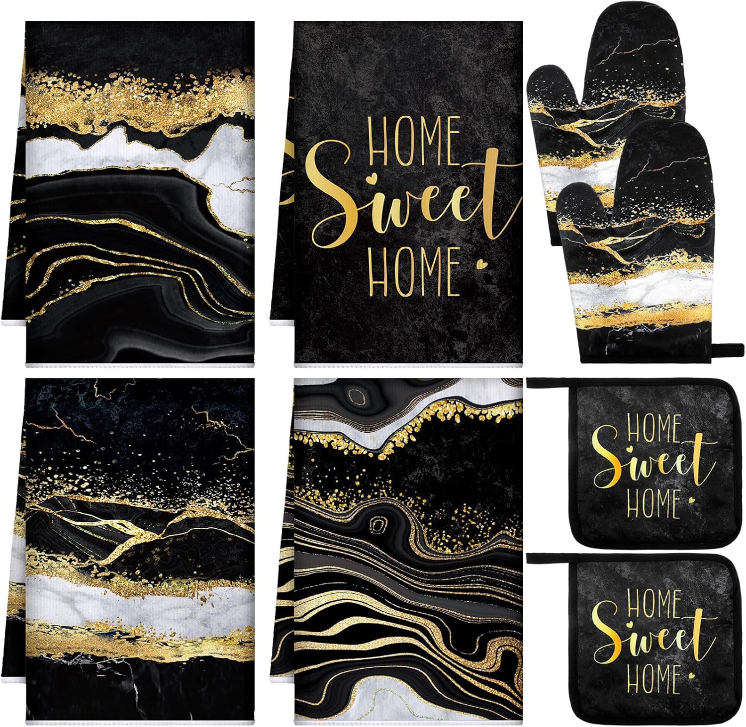 Leinuosen 8 Pcs Black Marble Kitchen Decor Dish Towels and Oven Mitts Sets Pot Holders and Dishcloths Farmhouse Kitchen Accessories Decorative Set for Chef Baking Cooking Daughter Mom Gift