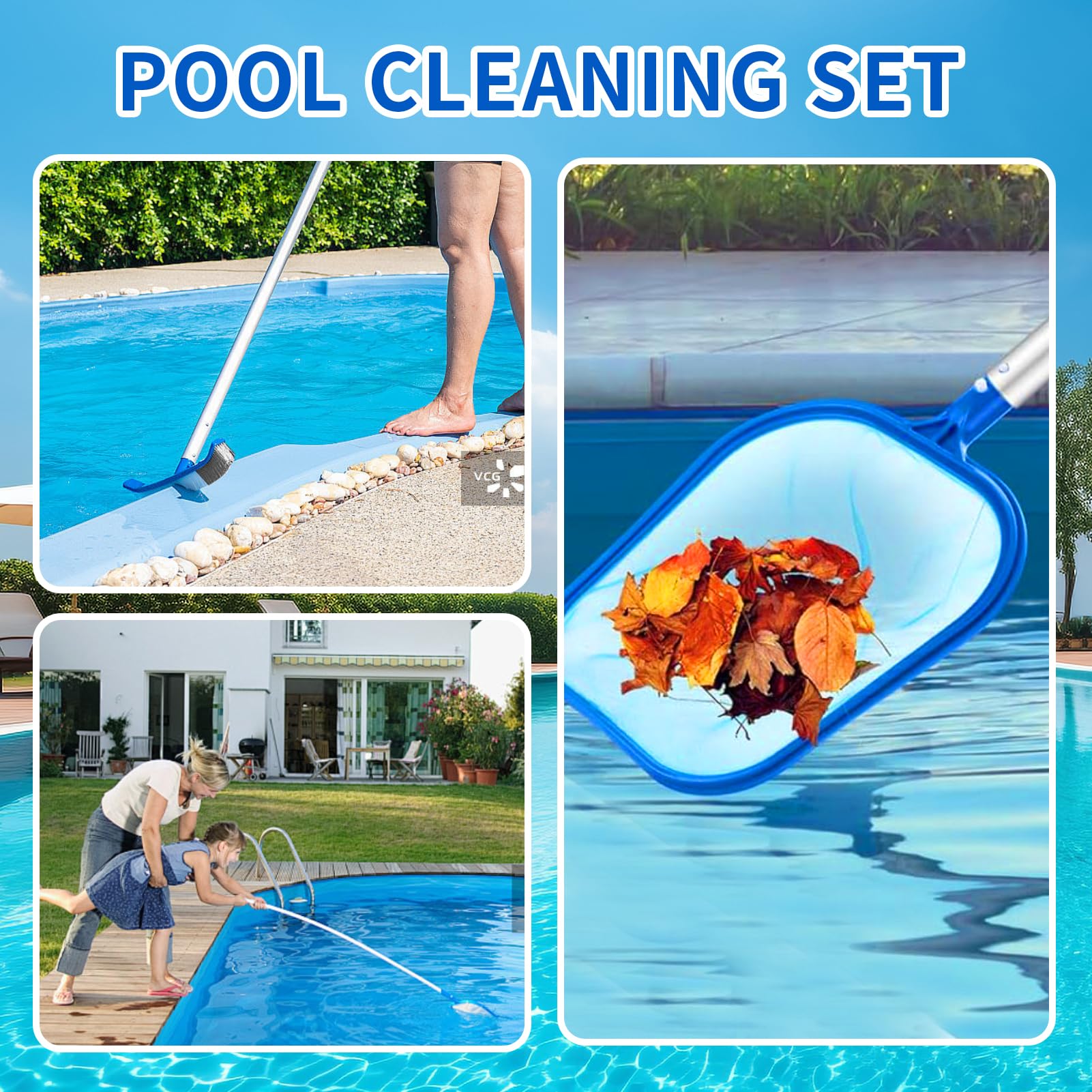 Kit de nettoyage de piscine, filet de 150 cm, brosse de piscine en maille fine avec poteau en aluminium de 119,4 cm pour maison, jardin, étang, spa (brosse de piscine + filet)