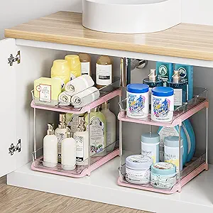 Delamu 2 Sets of 2-Tier Multi-Purpose Bathroom Under Sink Organizers and Storage, Stackable Kitchen Pantry Organization, Pull Out Medicine Cabinet Organizer with 8 Movable Dividers, Pink