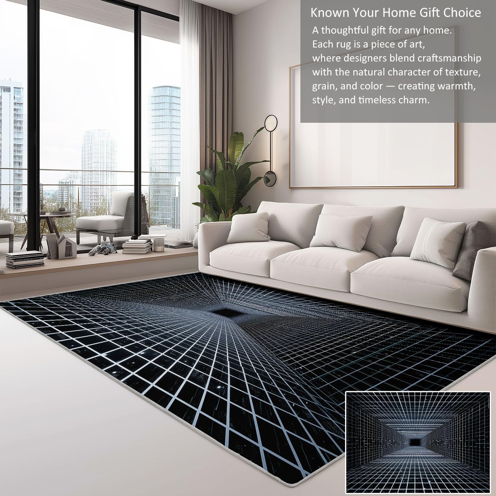 Miękki antypoślizgowy dywan 180 x 240 cm kratka białe klocki geometryczne dywaniki do sypialni z krótkim włosiem, złudzenie optyczne zmywalny antypoślizgowy dywan, do sypialni korytarze salon kuchnia