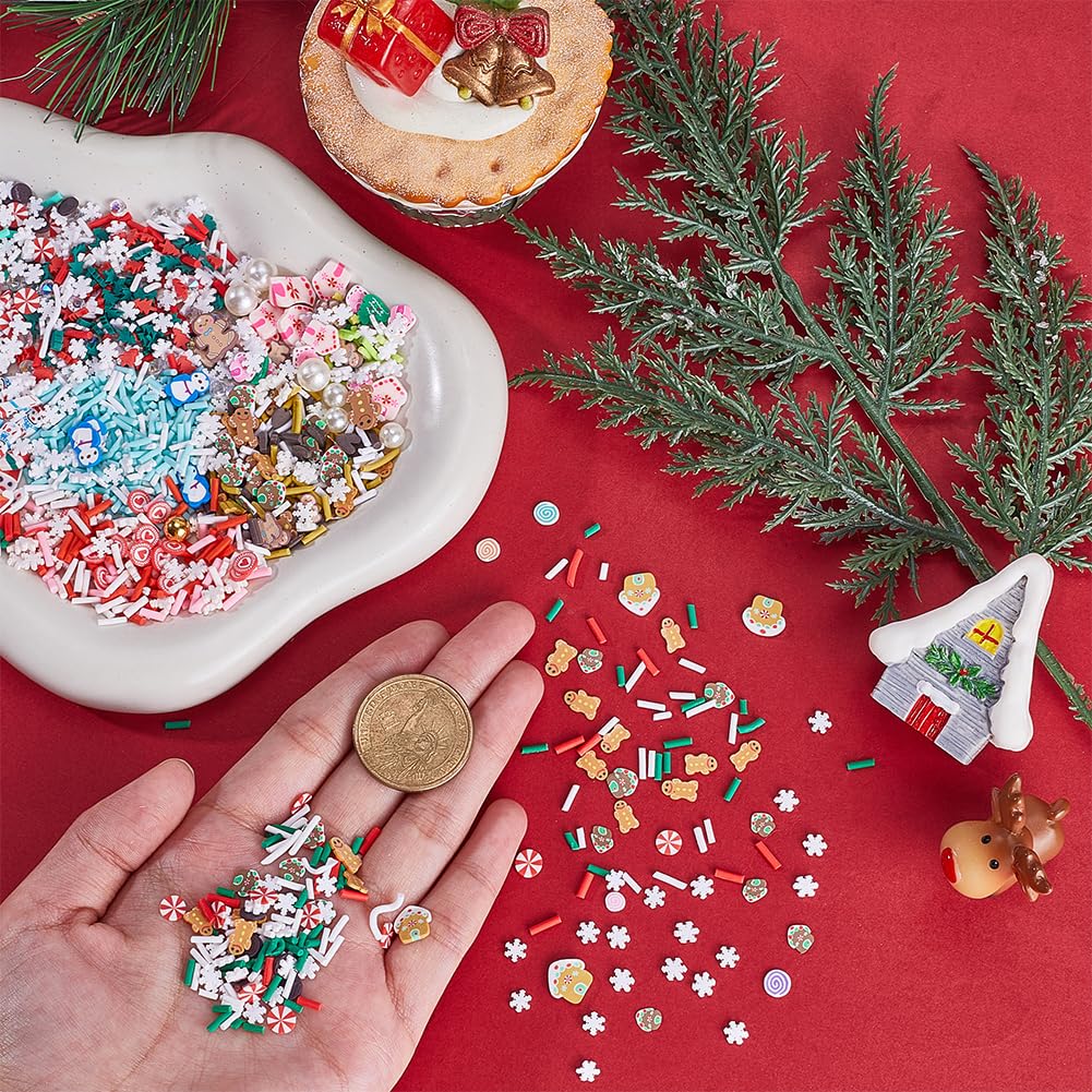 SUNNYCLUE 120G 12 estilos de Chispas Navideñas Rodajas de Arcilla Polimérica A Granel Verde Rojo Blanco Y Azul Copos de Nieve Navideños Perlas Caramelos de Imitación Azúcar Postres Mini Rodajas para D