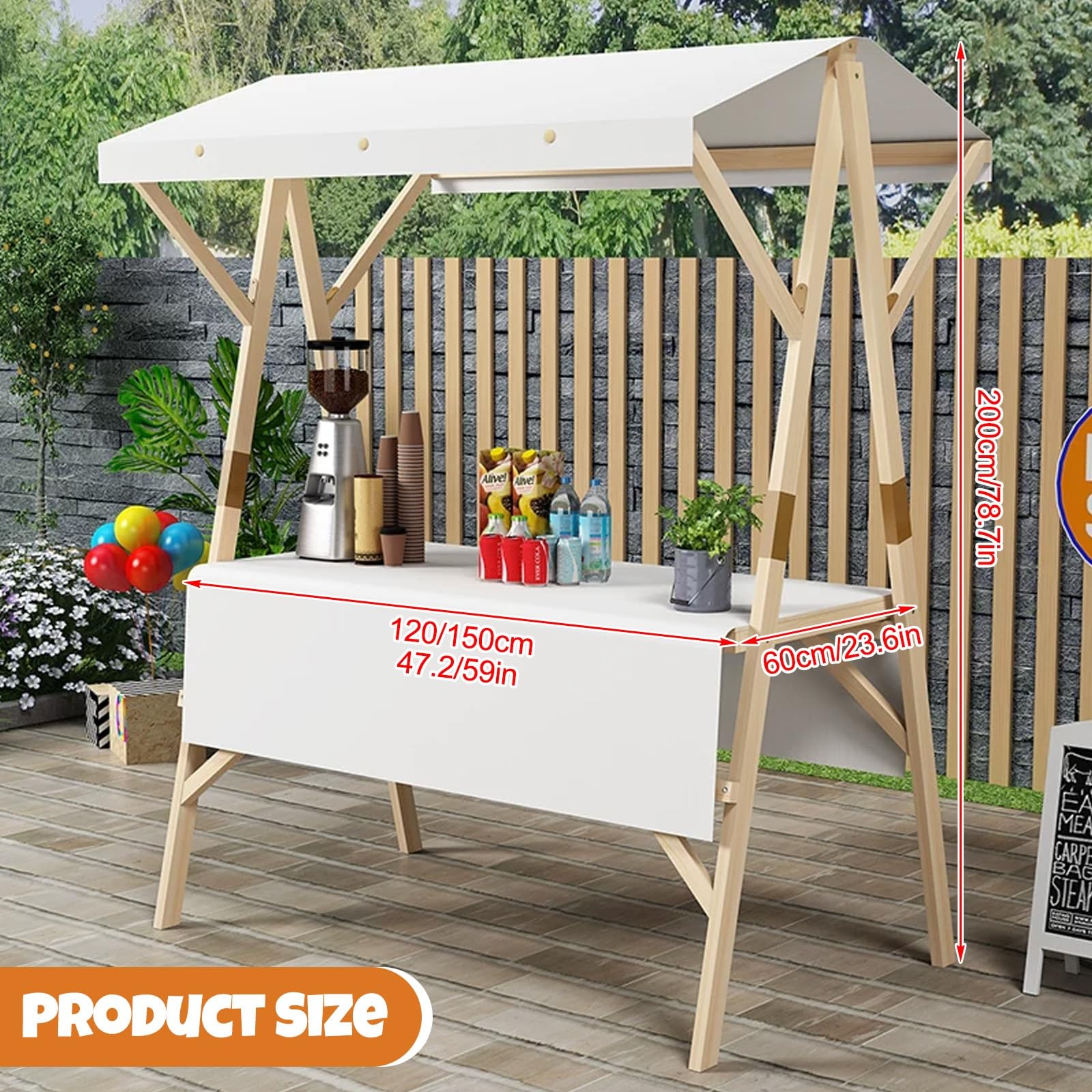 HARELA Marktstand Imbisswagen Marktstand-Display Aus Holz, Verkaufsstandwagen, Süßigkeiten/Eis-Verkaufsstand mit Markise, Faltbare Bauernmarktstände for Straßen/Bauernmärkte(Orange A,120cm/47.2in)