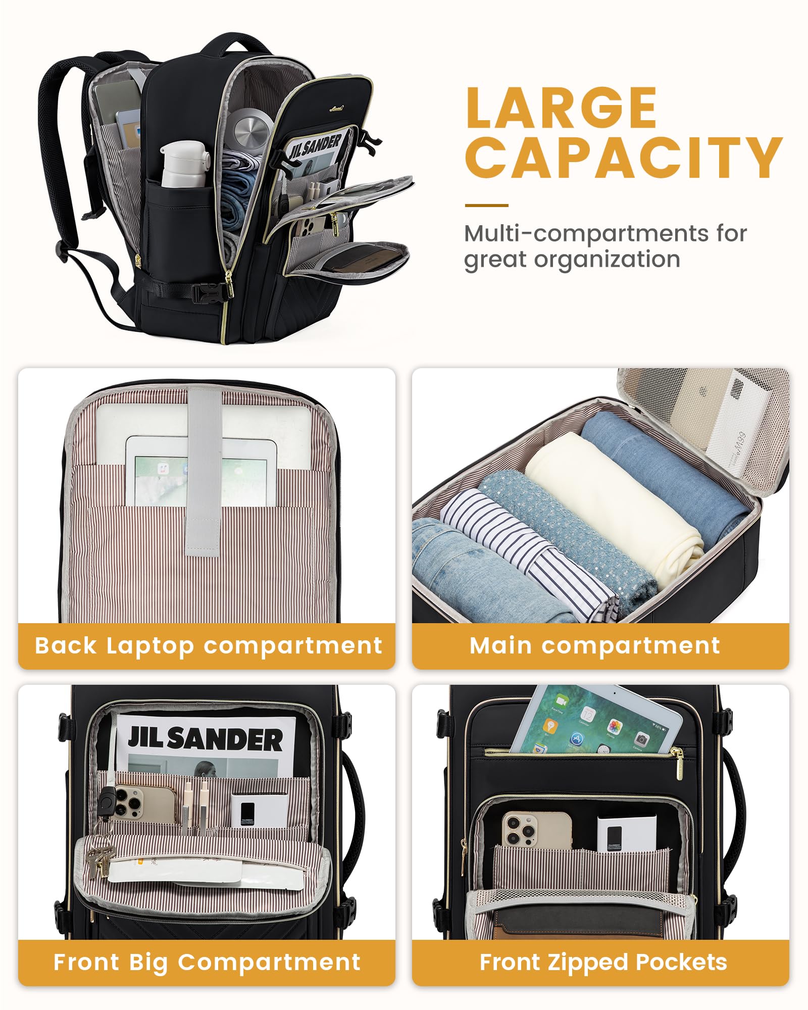 LOVEVOOK Zaino da Viaggio Aereo Bagaglio a Mano, Impermeabile Zaini Trolley Donna 40L Cabin Max per Ryanair Easyjet 45x33x20, Grande Zaino Porta PC 17 Pollici Valigia Borsa a Zainetto, Nero