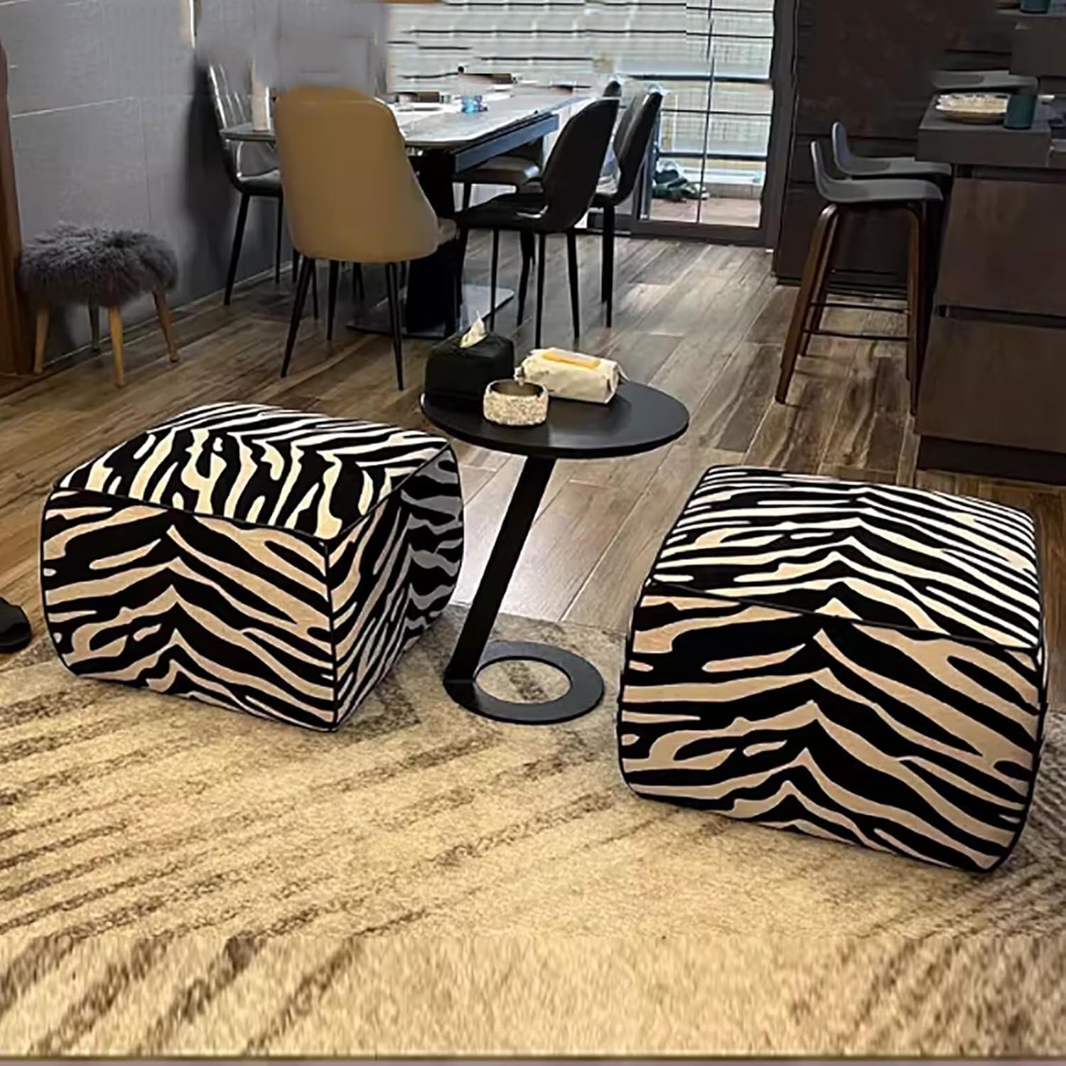 Square Wood Footstool Ottoman with Zebra Print, Chenille Upholstered Sofa Bench, Shoe Changing Stool, Extra Seating for Living Room, Bedroom, Office(17.7 * 17.7 * 13.8inch)
