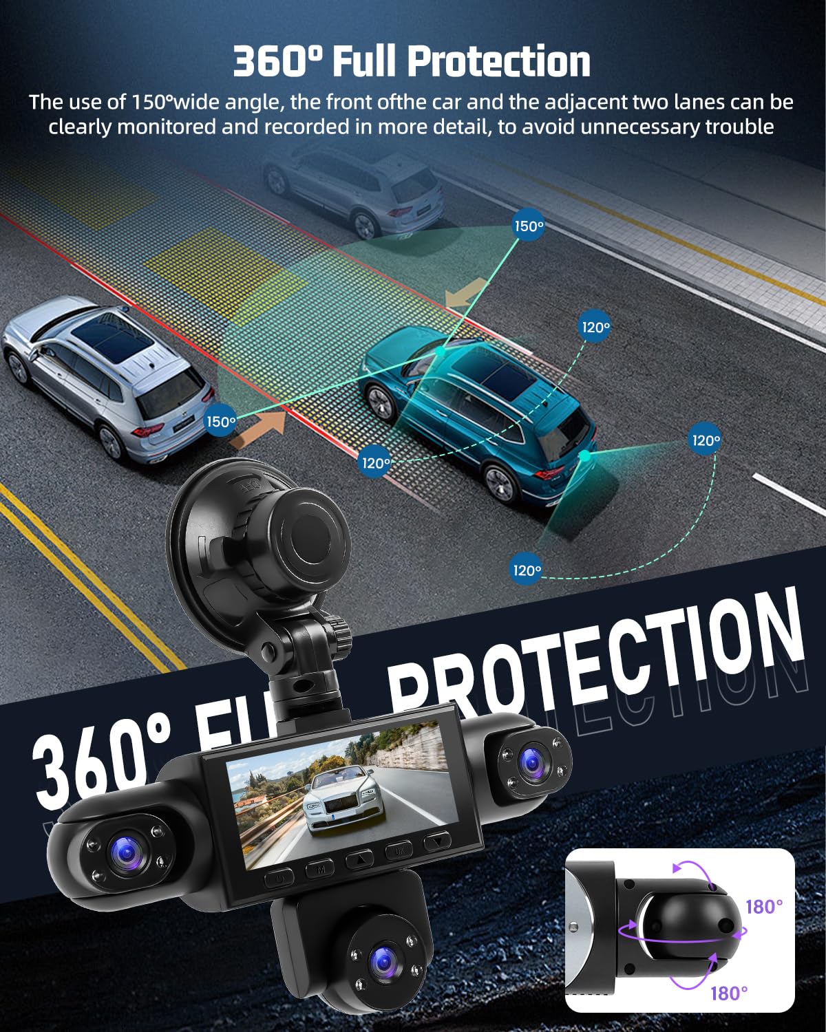 NHOPEEW 5 Canales 360° Dashcam de cámara, grabadora de conducción Delantera 1080P, grabación en Bucle, Monitor de Aparcamiento 24 Horas, detección de Movimiento, visión Nocturna