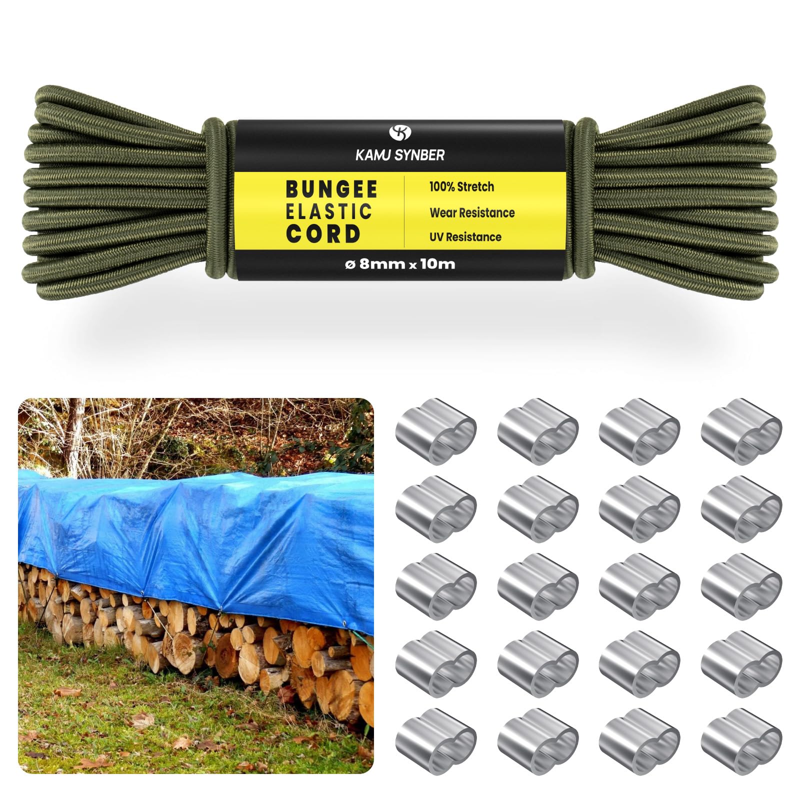 Kamu Synber 8mm x 10m Bungee Cord Elastic Shock Cord Bungee Rope for Trailer, Tarpaulin, Camping, Kayak, Luggage | 20 x Aluminum Loops | Army Green