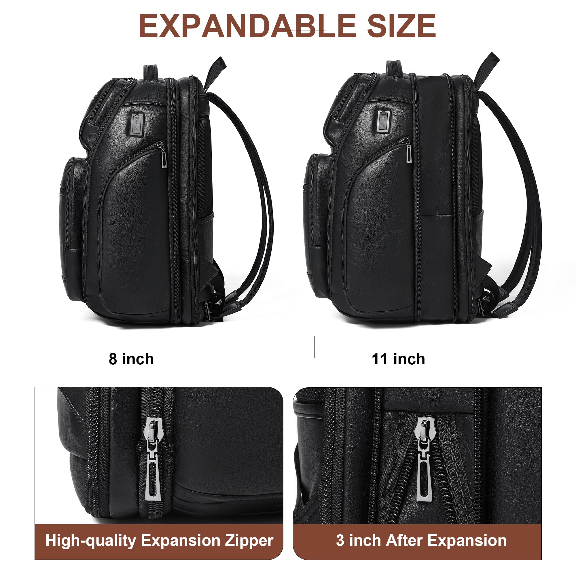 Veganer Lederrucksack, 40L Checkpoint-freundlicher Reiserucksack für Damen und Herren, geeignet für 17-Zoll-Notebook, mit Koffergurt und USB-Anschluss, Schwarz Laptop-Rucksäcke