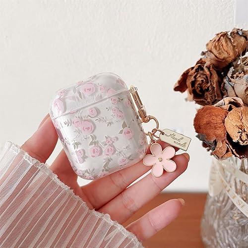 Miniatura 3 de MINSCOSE Funda transparente compatible con AirPods 1 y 2, bonito diseño de patrón de flores con llavero floral, funda protectora de TPU suave a