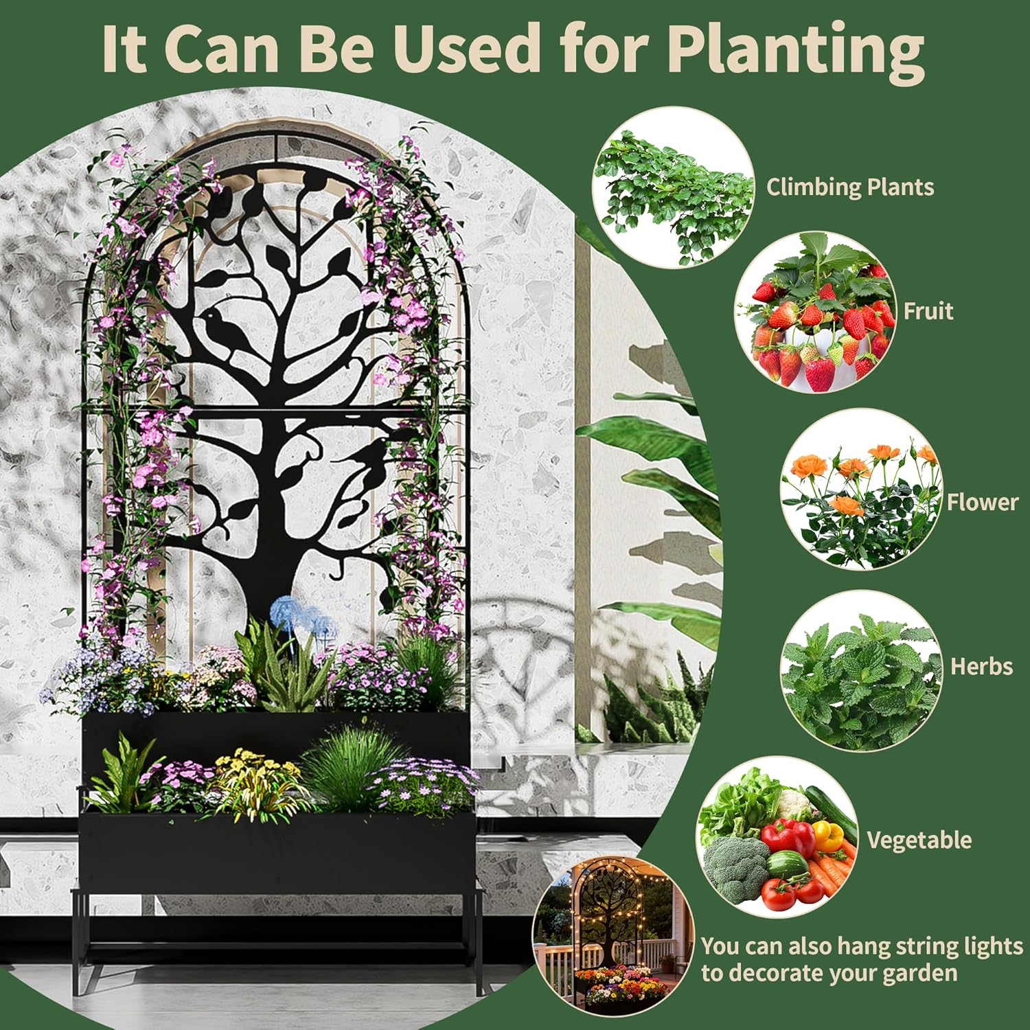 Arched Outdoor Planter Box with Trellis for Climbing Plants, 2 Tiers Metal Privacy Planters for Patio, Tall Raised Garden Bed with Legs, for Vegetables, Fruits, Balcony, 75.2 x 22 x 34.6 Inch, Black