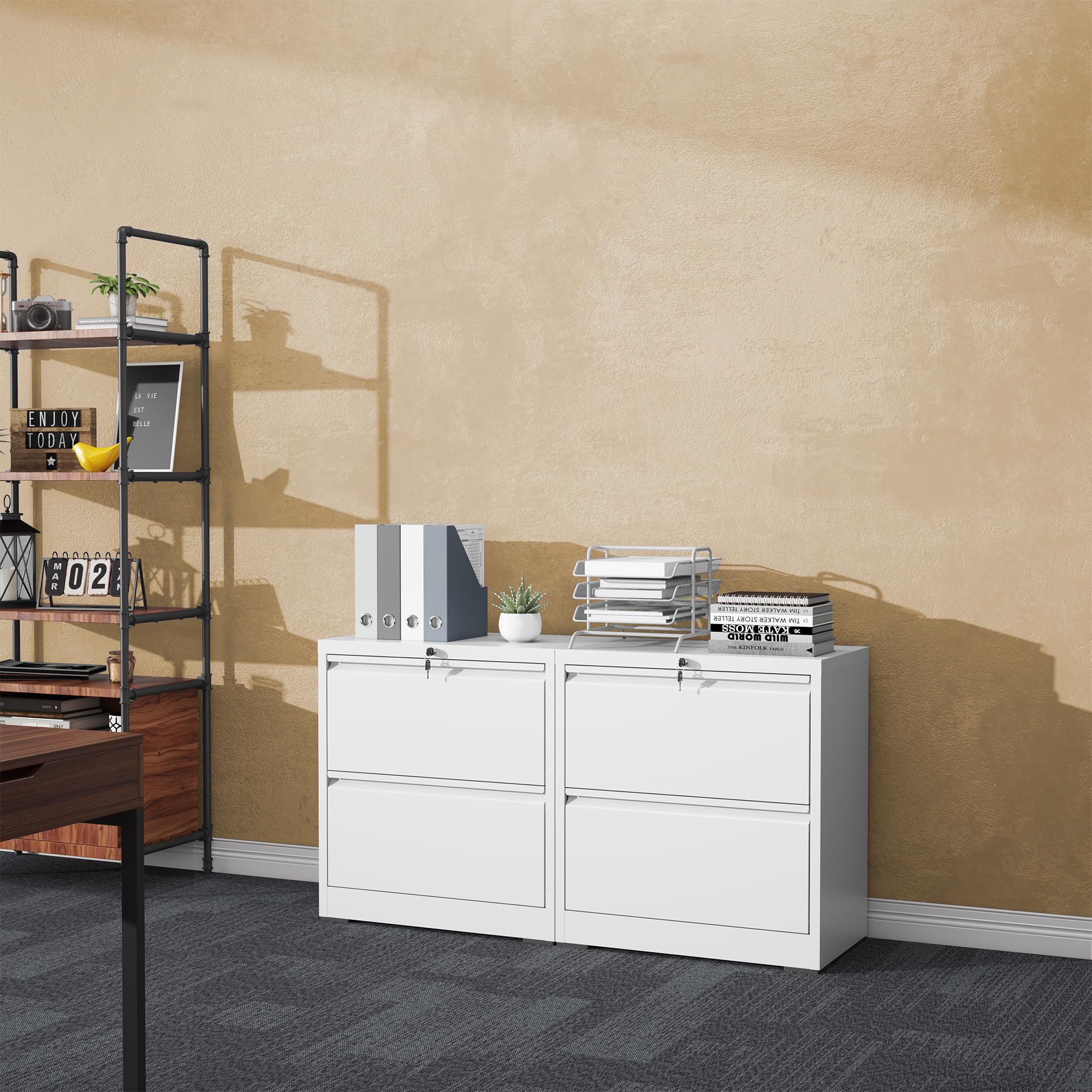 File Cabinet with Lock, 2 Drawer Filing Cabinets for Home Office, Metal Heavy Duty Lateral File Cabinet for Hanging Letter/Legal/F4/A4 Size Files, Assembly Required (White)