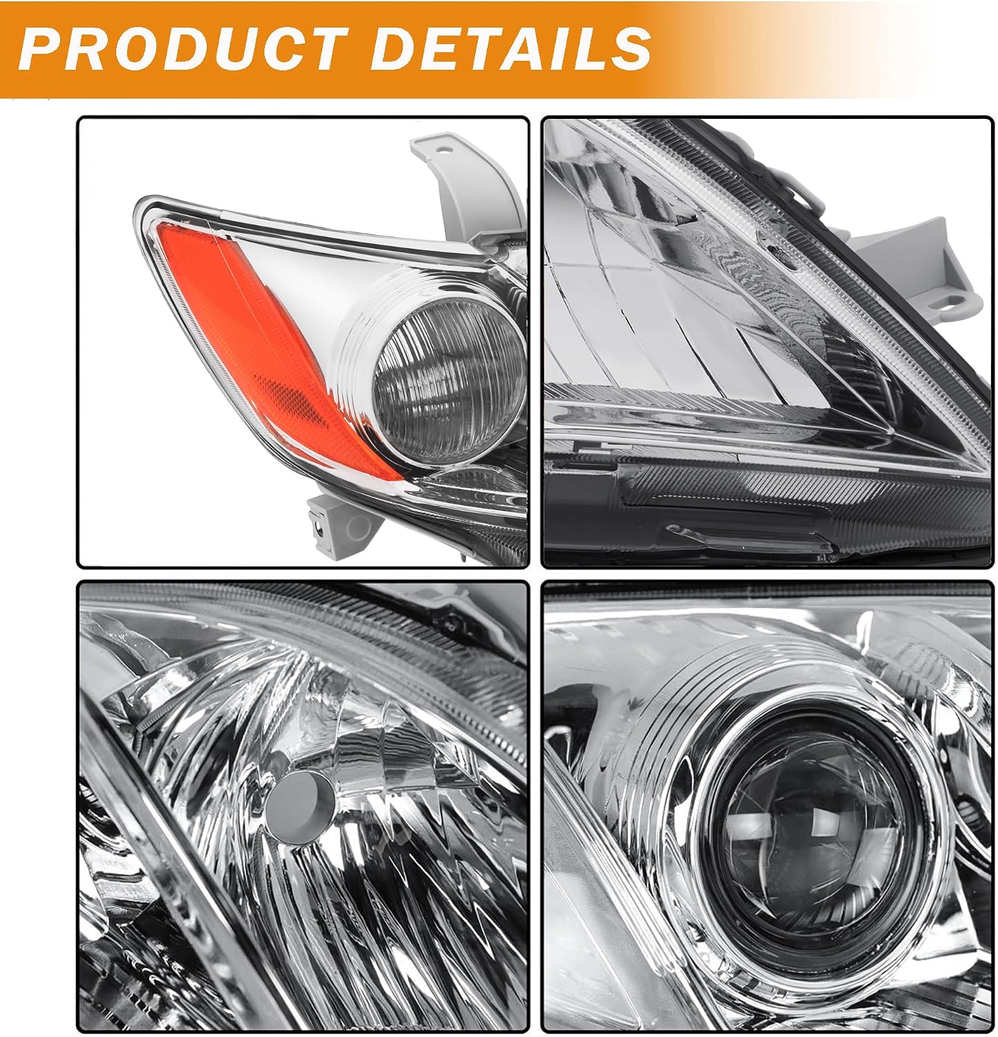 Headlight Assembly Compatible with 2007 2008 2009 Toyota Camry Base/CE/LE/XLE US Version, Chrome Housing Amber Reflector