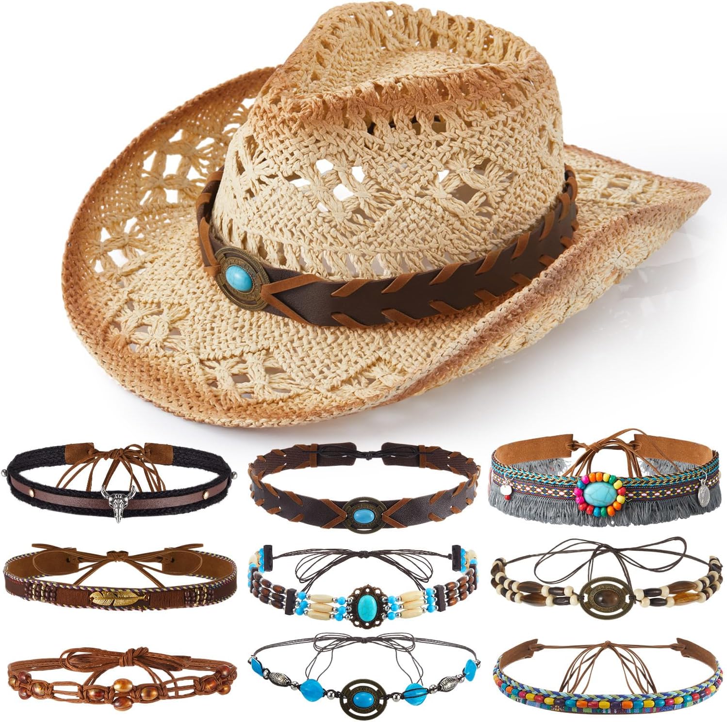 Twistover Straw Cowboy Hat for Women with 9 Replacement Hat Belts Bands - Beige Western Cowgirl Hat for Summer & Party