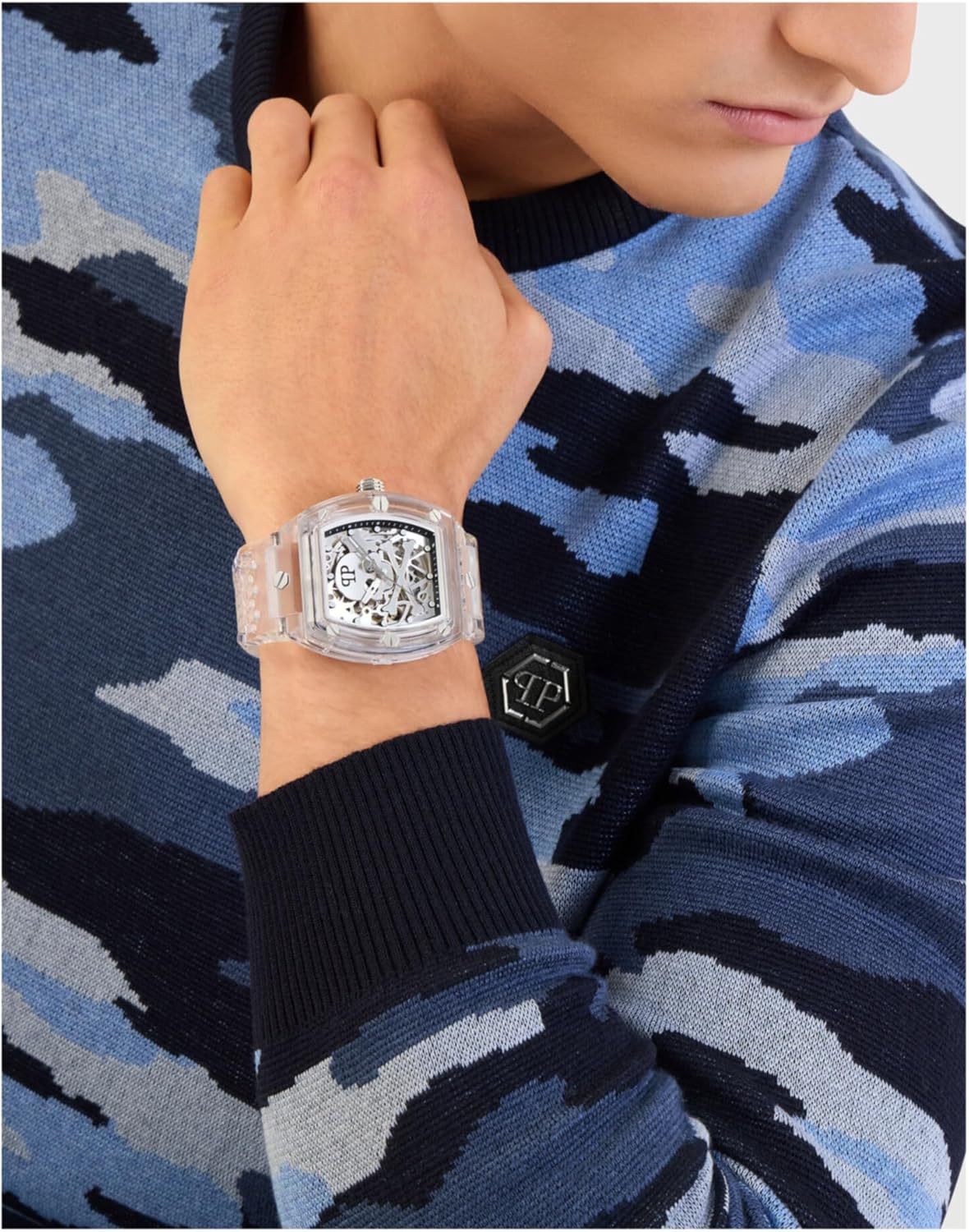 Philipp Plein The $keleton Crystal Collection Luxury Mens Watch Timepieces with a Transparent Strap and Case Featuring a Silver Dial
