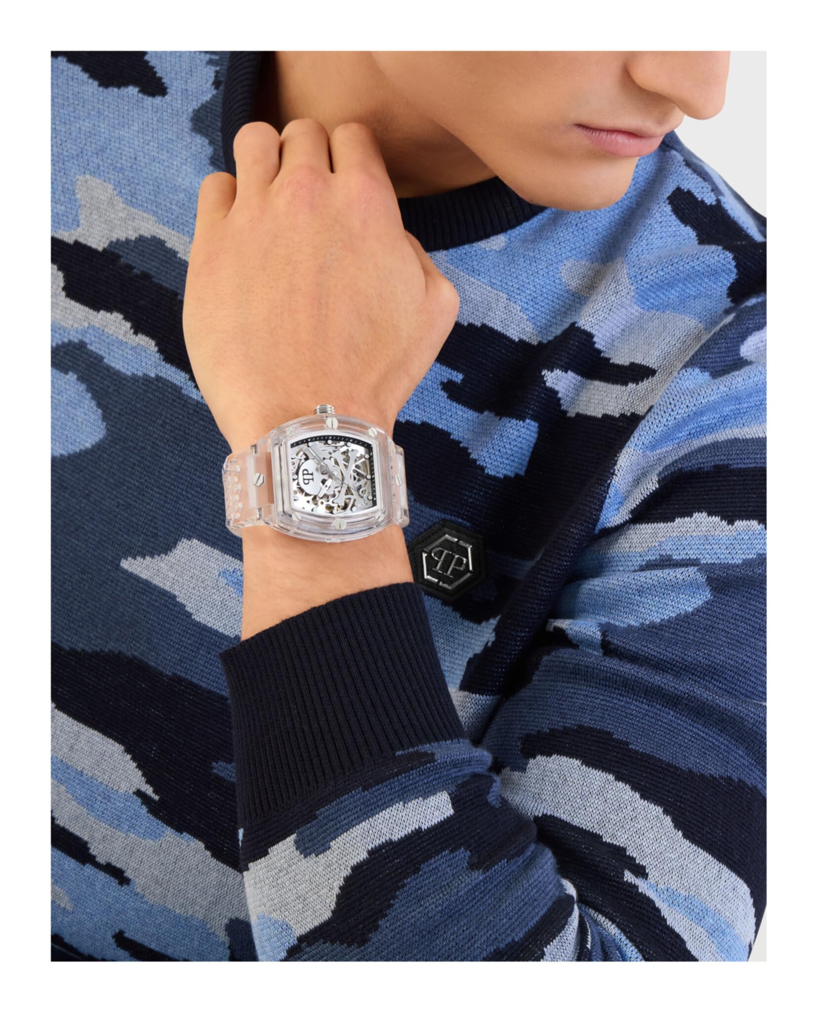 Philipp Plein The $keleton Crystal Collection Luxury Mens Watch Timepieces with a Transparent Strap and Case Featuring a Silver Dial