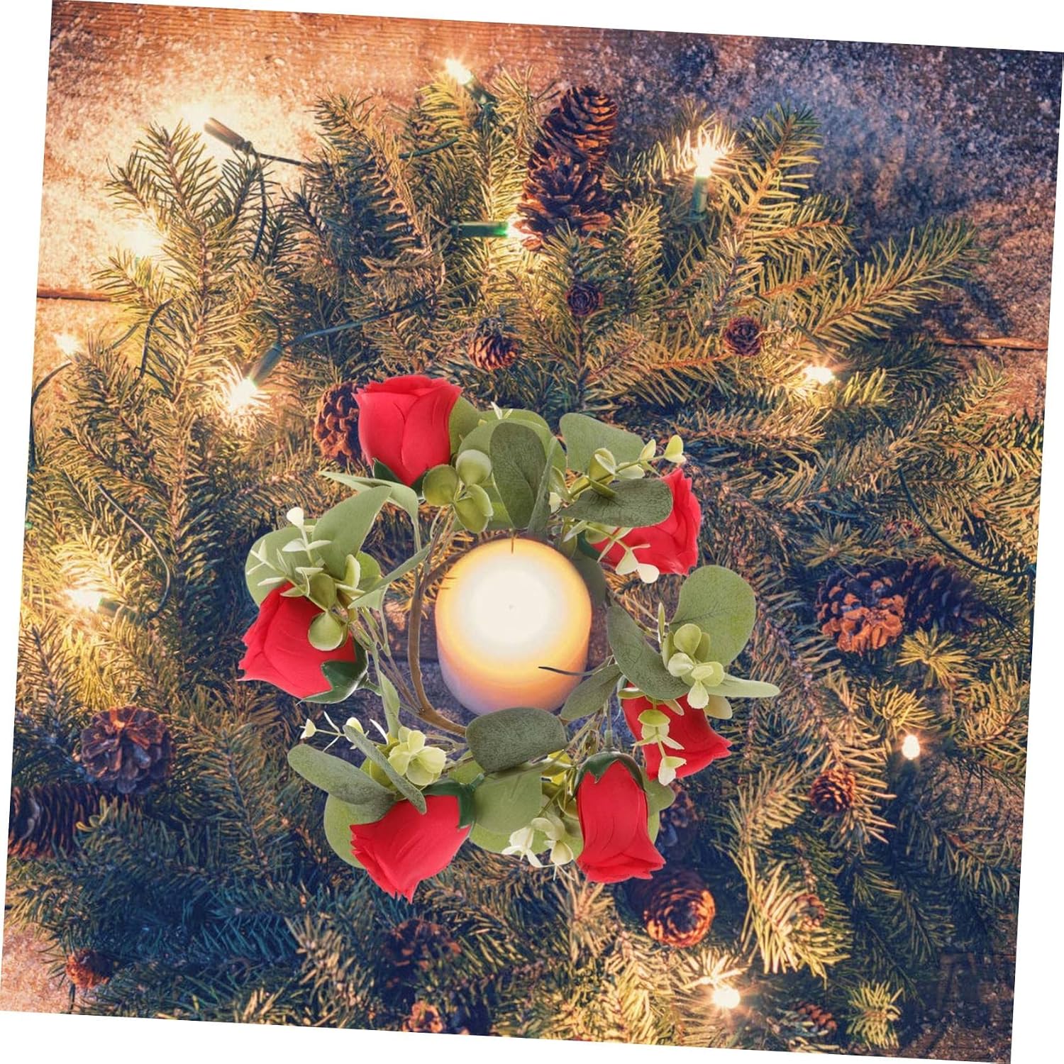 Holibanna Simulation Flower Candle Wreath Eucalyptus and Decorative Garland for Wedding Valentine Day and Party Table Decor Use