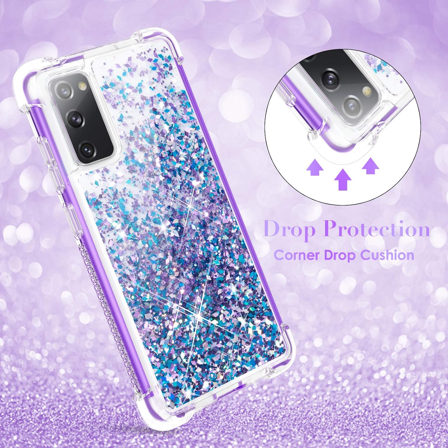 Caka Samsung S20 FE Case, Galaxy S20 FE Case Glitter Clear for Girls Women Full Body Protective Case Without Screen Protector for Samsung Galaxy S20 FE 5G (Not Fit Galaxy S20) (Blue Purple)