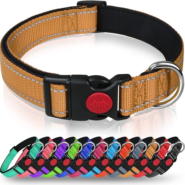 Taglory Reflective Nylon Dog Collar with Safety Buckle, Adjustable Pet Collars with Soft Neoprene Padding for Small Dogs, Tan