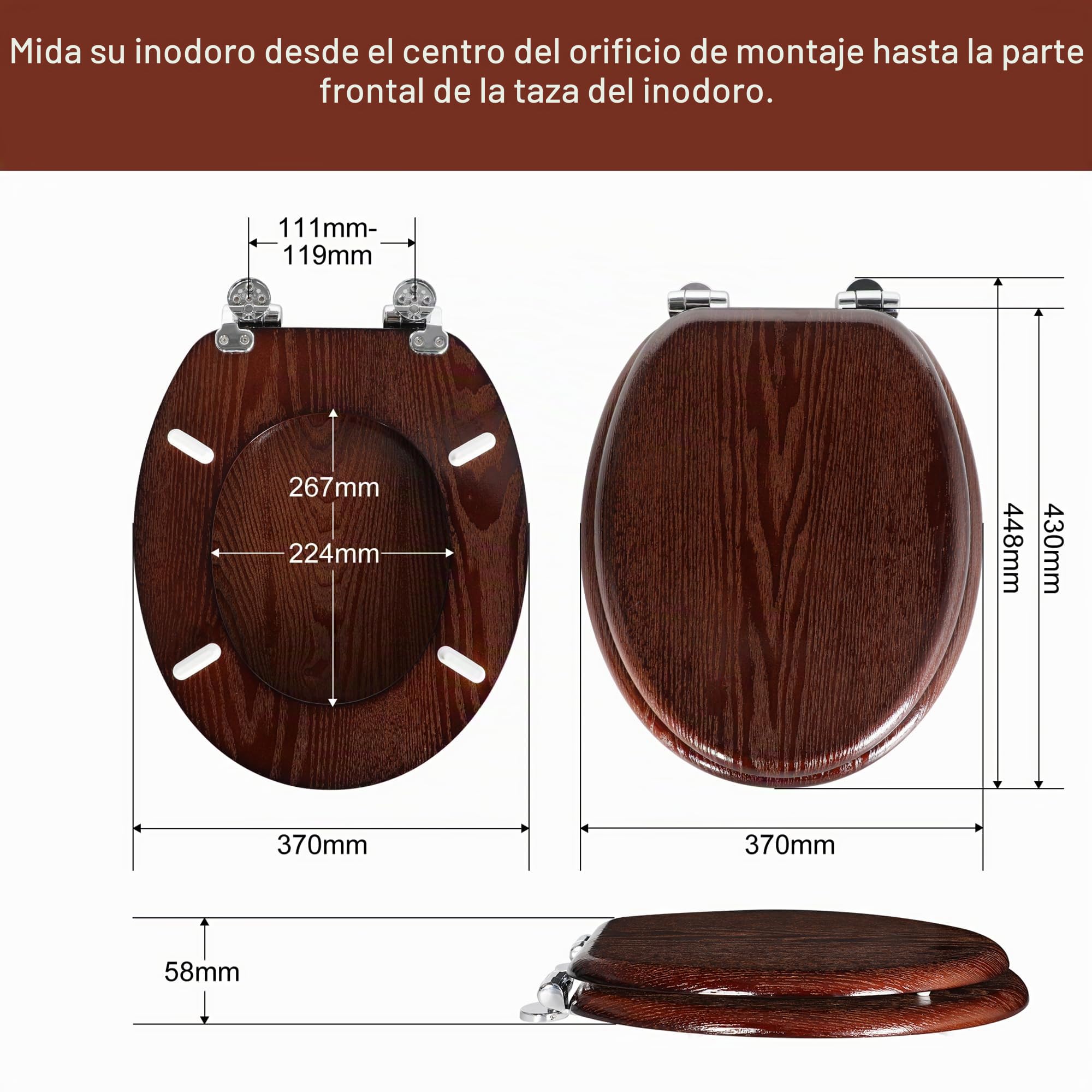 Angel Shield Asiento de inodoro de madera natural con cierre silencioso y bisagras de liberación rápida, fácil de instalar y limpiar, antibacteriano (nogal oscuro)
